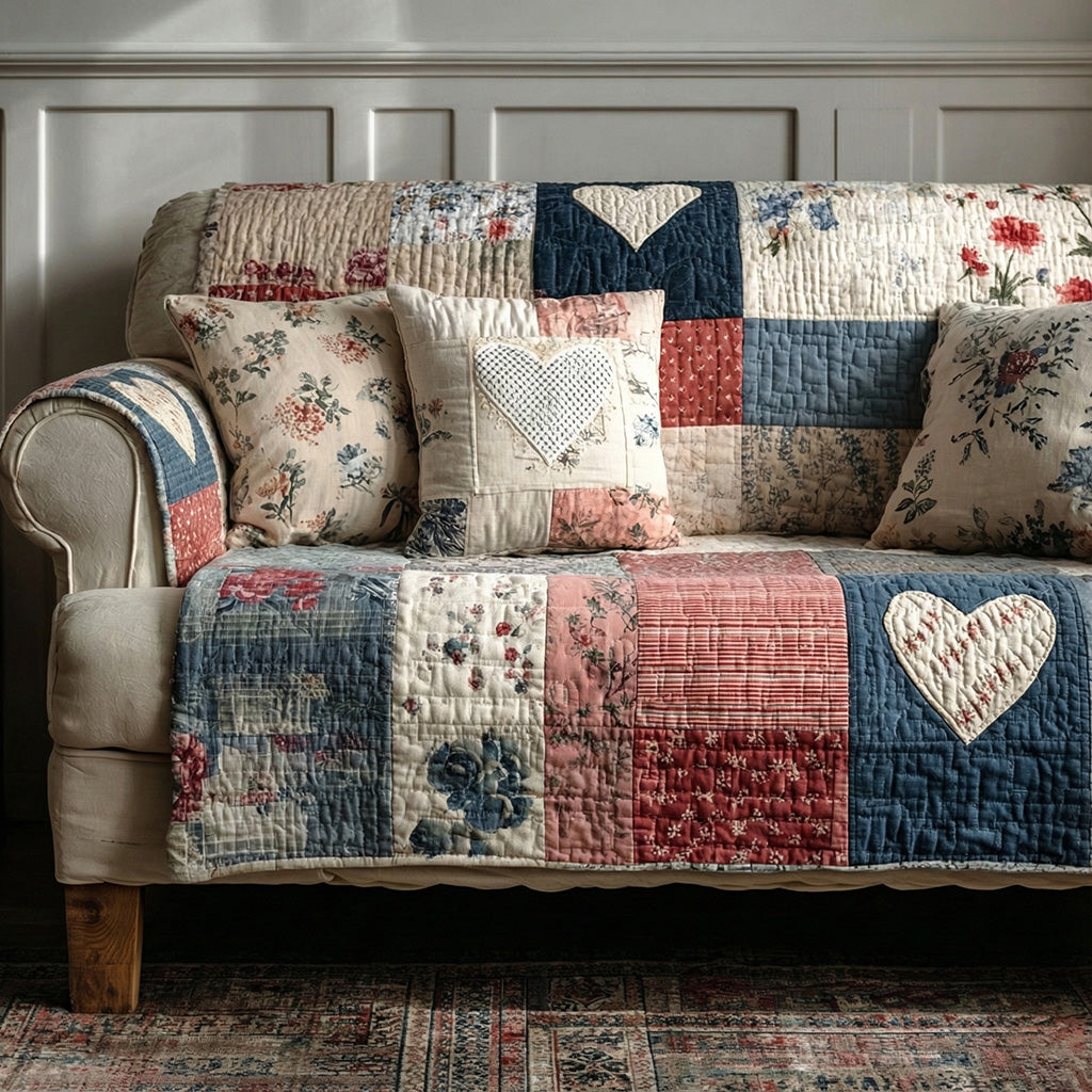 Vintage Blossom Heart Quilted Sofa Cover Floral Couch Cover Gift for Her