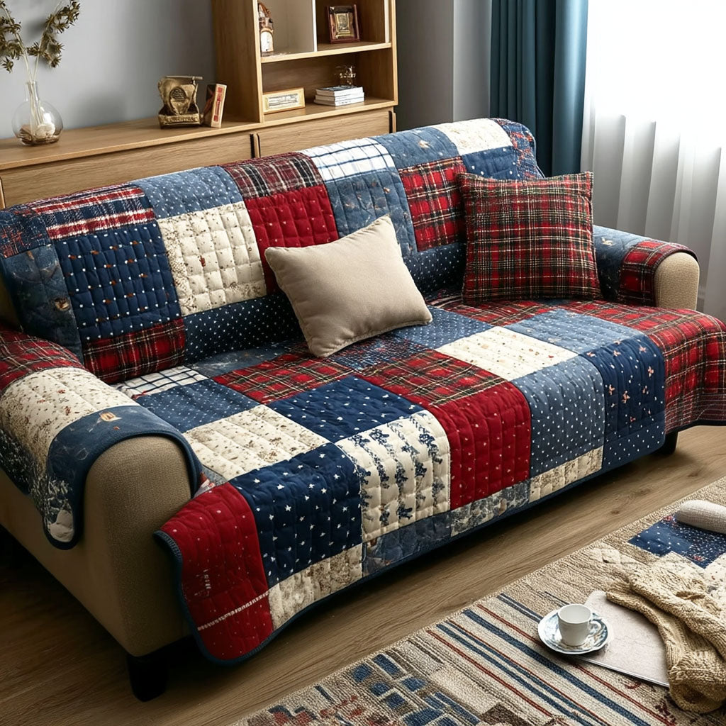Vintage Glory Quilted Sofa Cover Vintage USA Flag Design Gift For Him