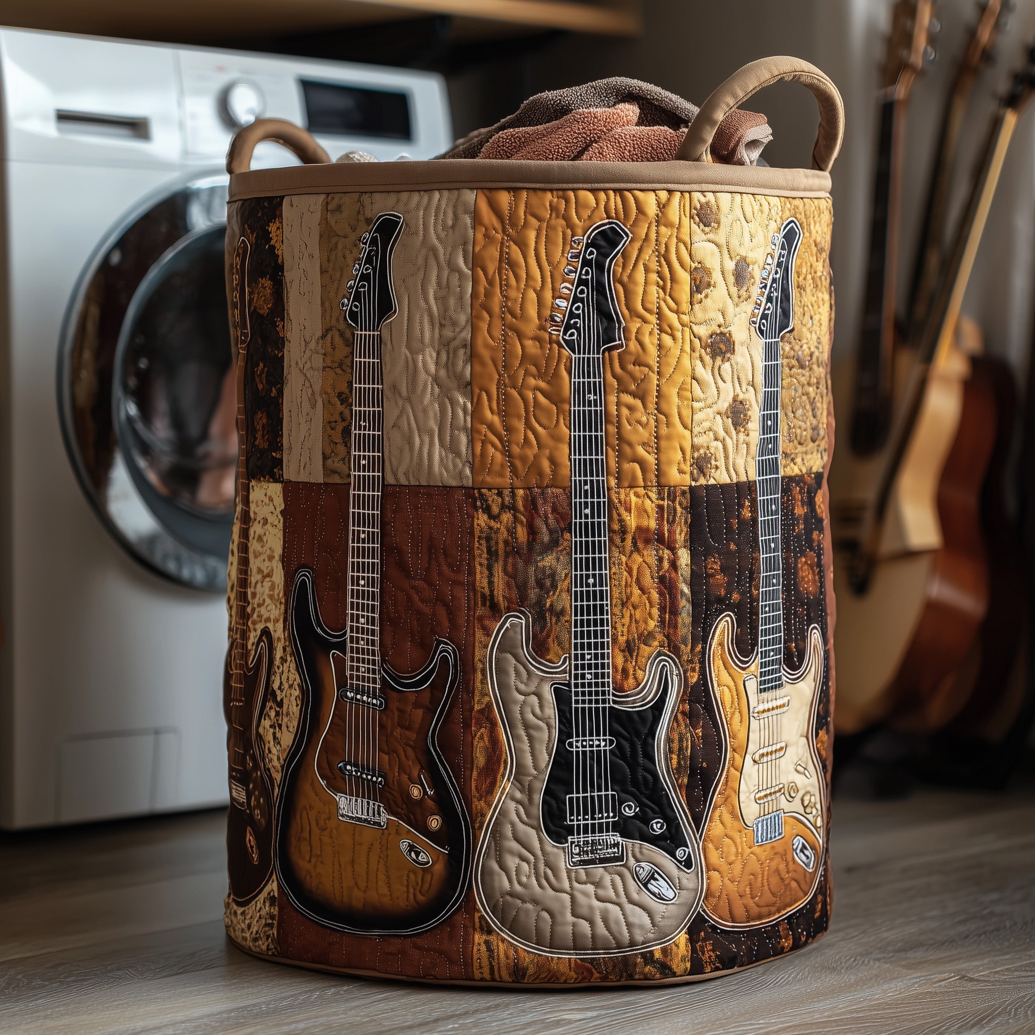 Vintage Guitar Quilted Laundry Basket Cute Laundry Hamper Presents For Dad - Tradiviet