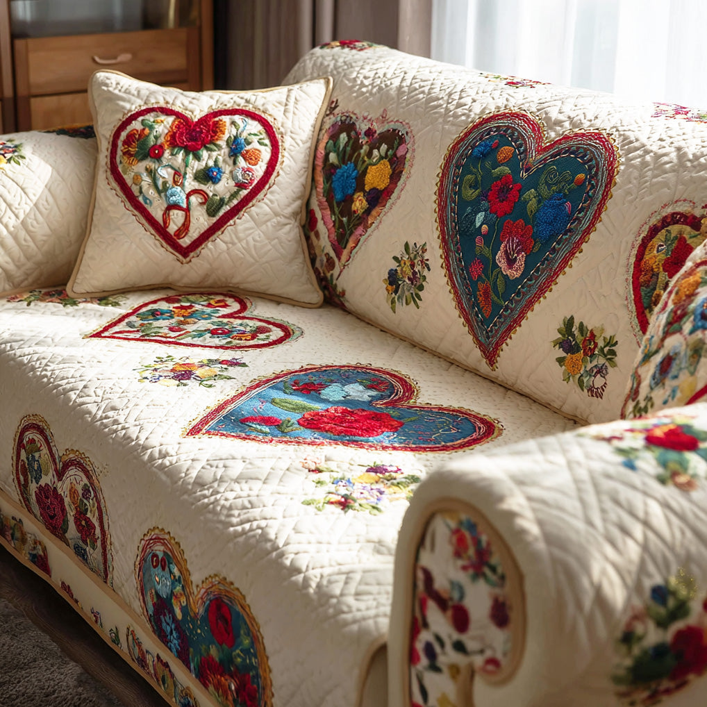 Vintage Heart Quilted Sofa Cover Idea For Farmhouse Living Room