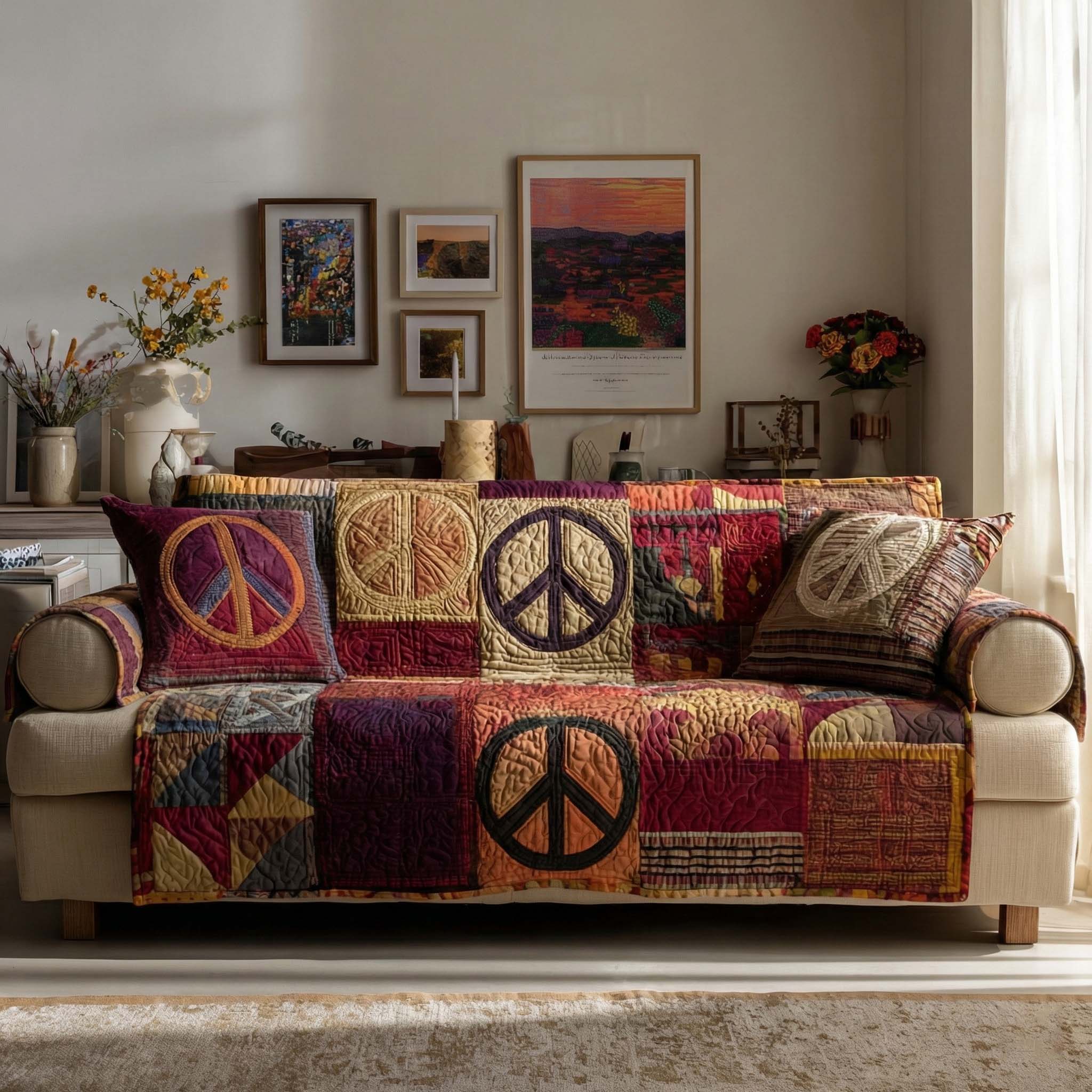 Vintage Peace Patch Quilted Sofa Cover Vintage Peace Sign Patchwork Couch Cover