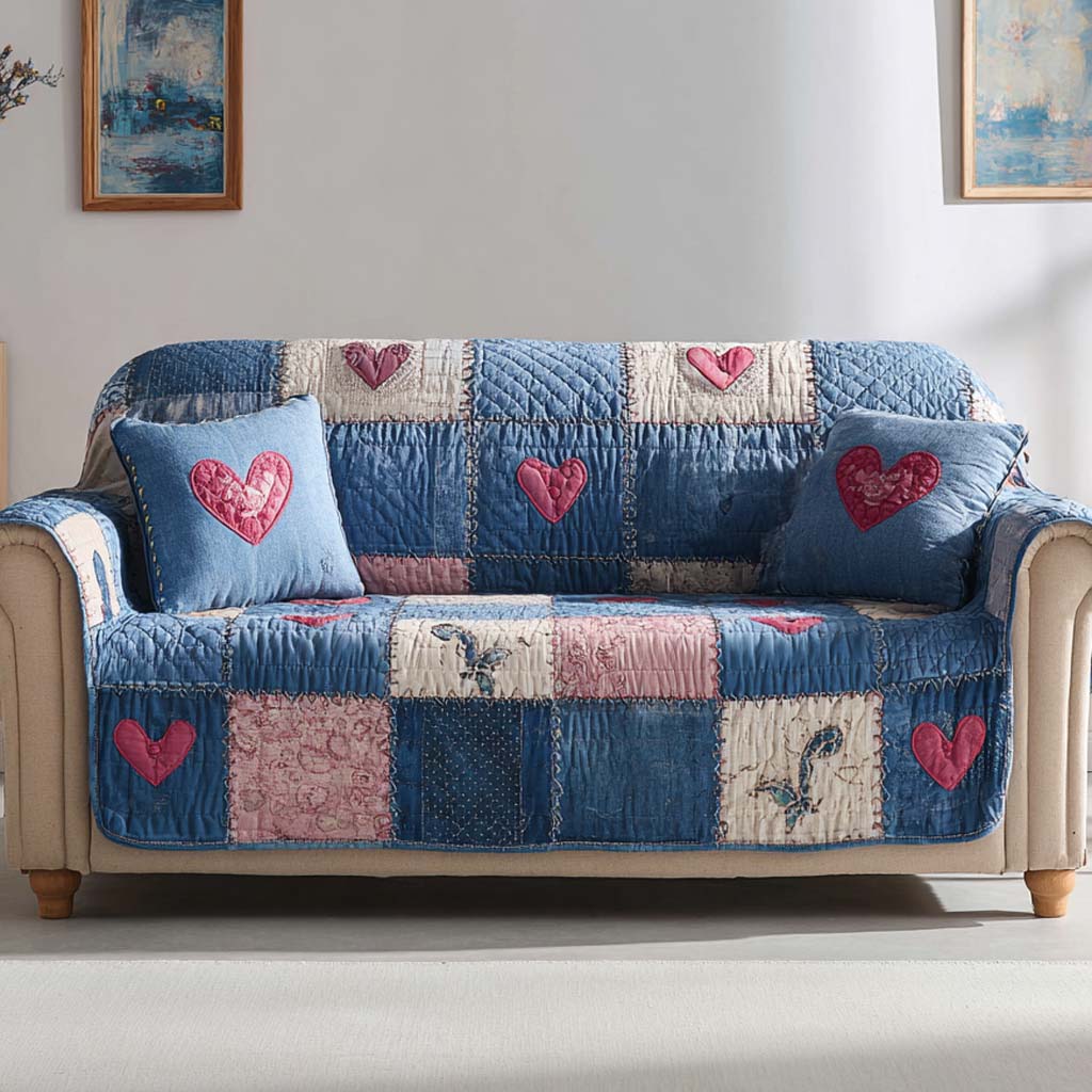 Vintage Pink Heart Quilted Sofa Cover Romantic Couch Cover Gift for Her