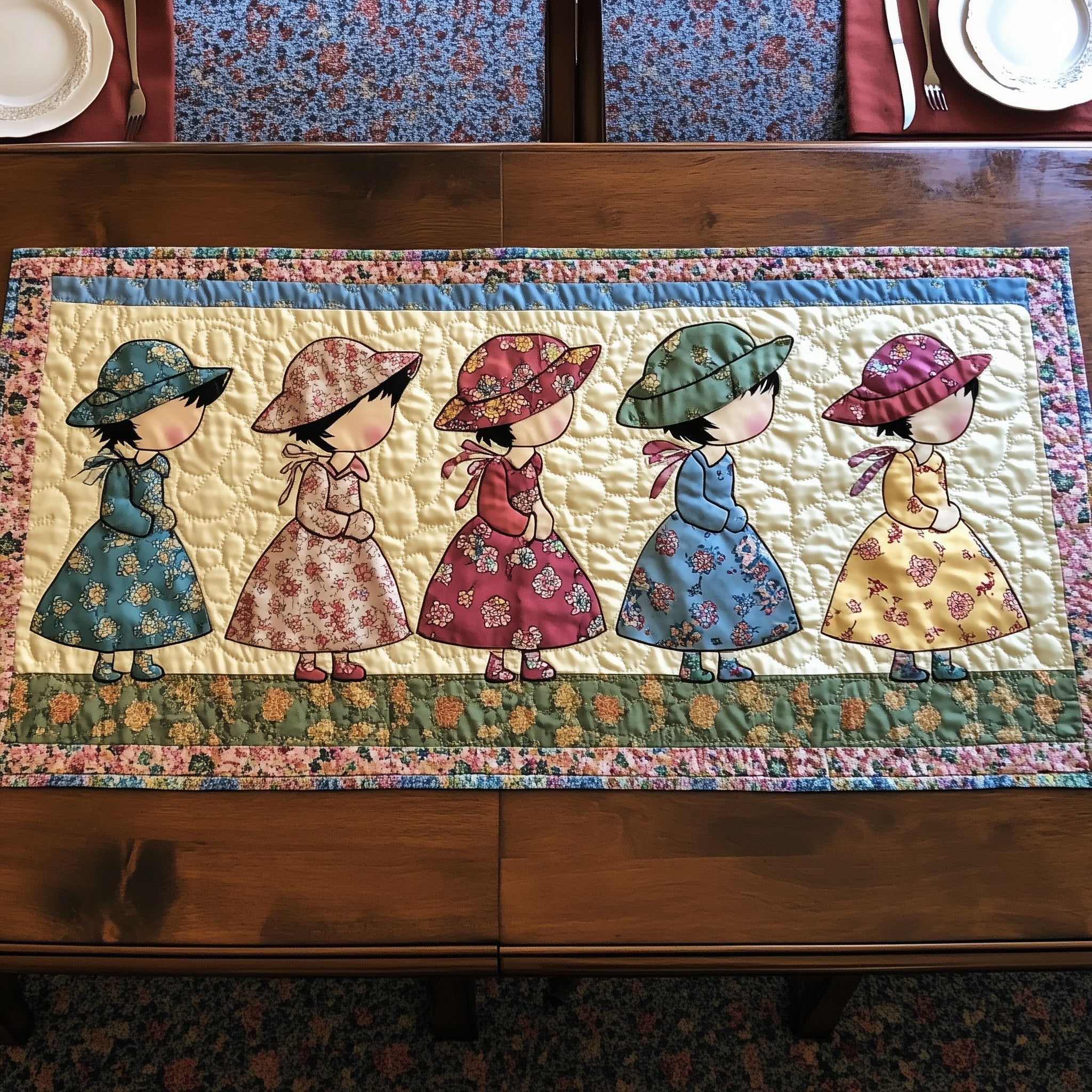 Vintage Sunbonnet Sue Quilted Table Runner  Floral Runner 4Th Of July Client Gifts