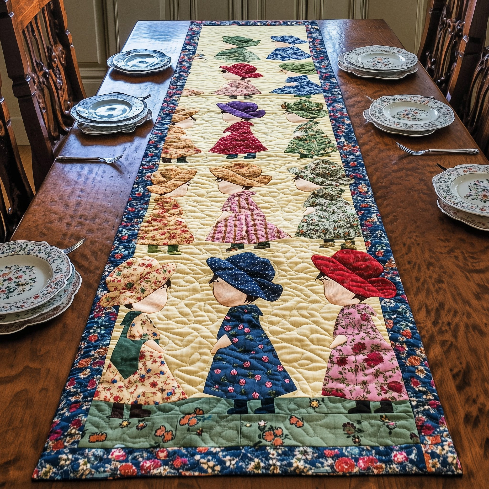 Vintage Sunbonnet Sue Quilted Table Runner  Floral Runner 4Th Of July Themed Gifts