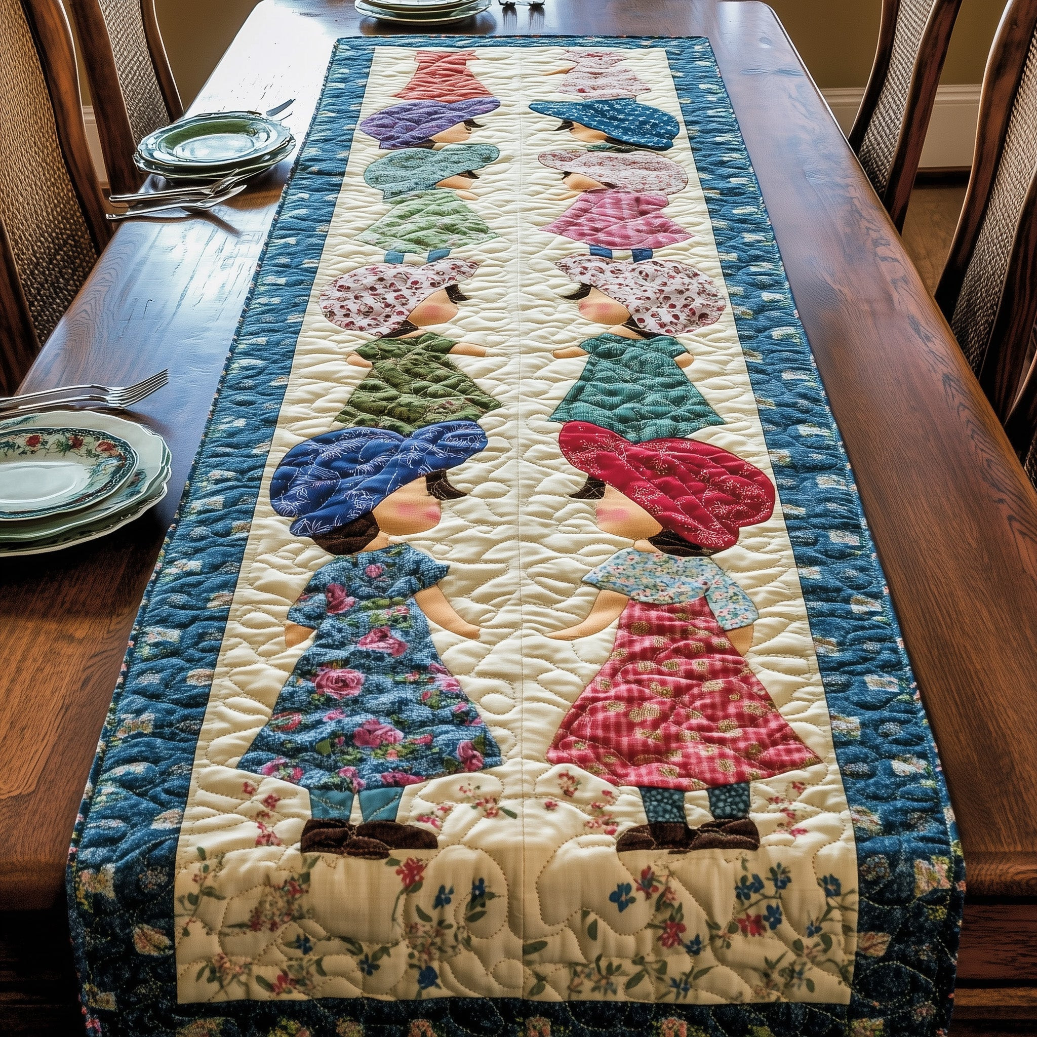 Vintage Sunbonnet Sue Quilted Table Runner  Fourth Of July Birthday Presents