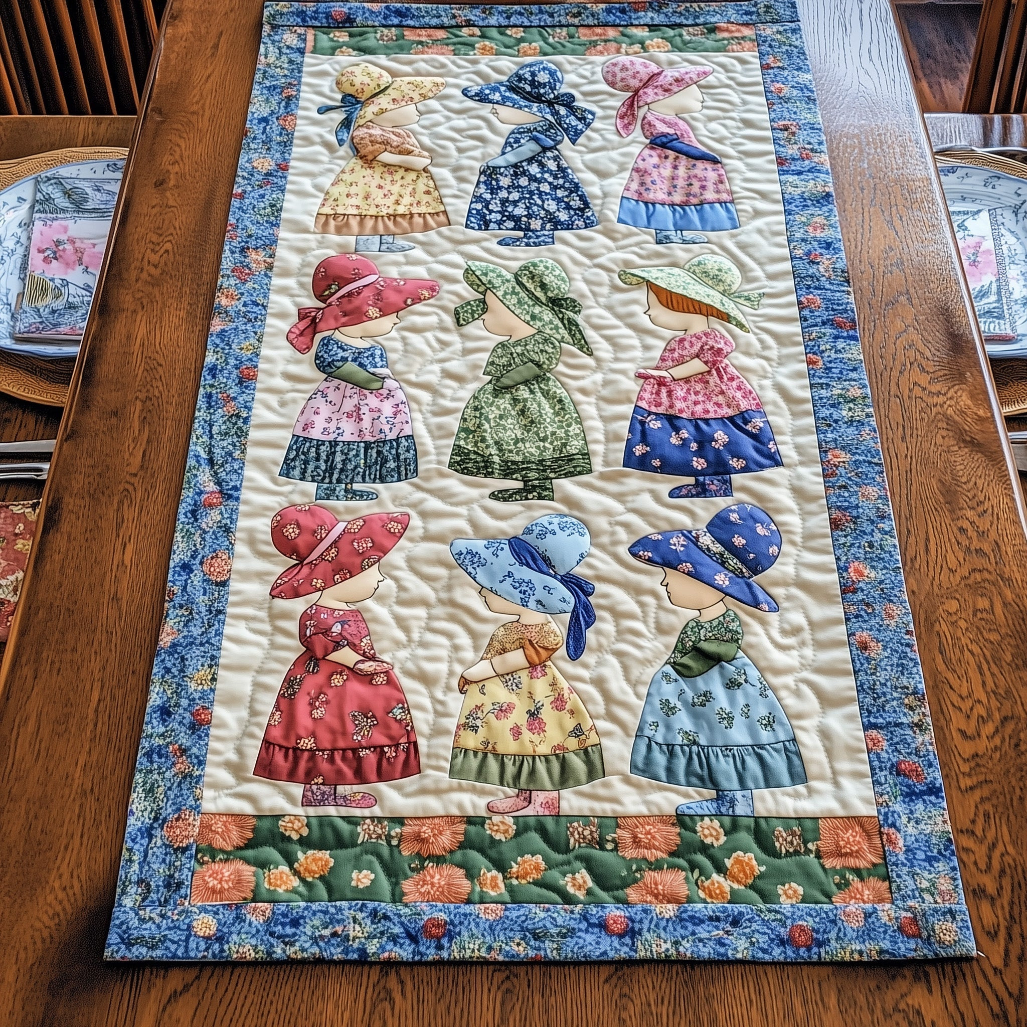 Vintage Sunbonnet Sue Quilted Table Runner  Holiday Table Runner 4Th Of July Client Gifts