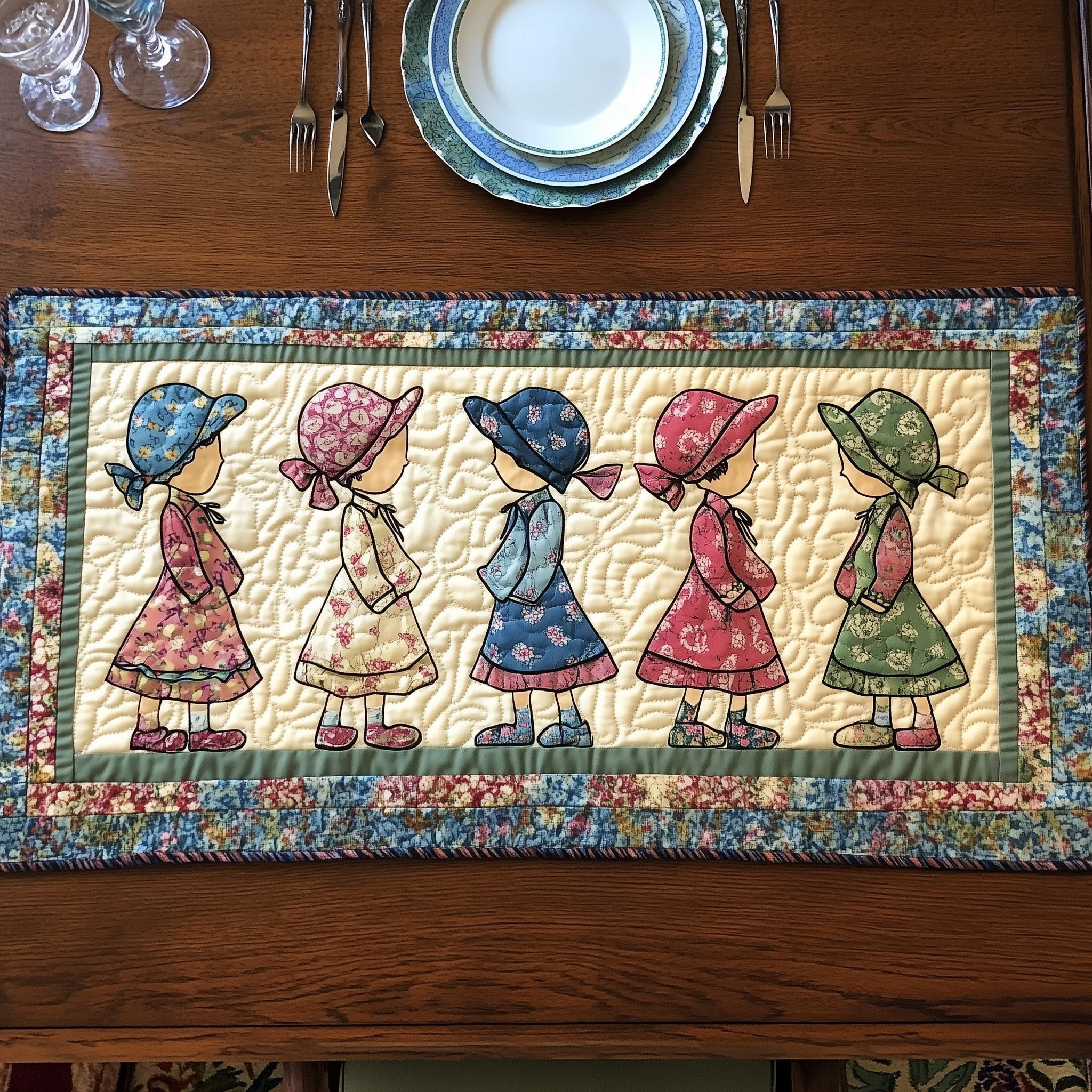 Vintage Sunbonnet Sue Quilted Table Runner  Holiday Table Runner Fourth Of July Hostess Gifts