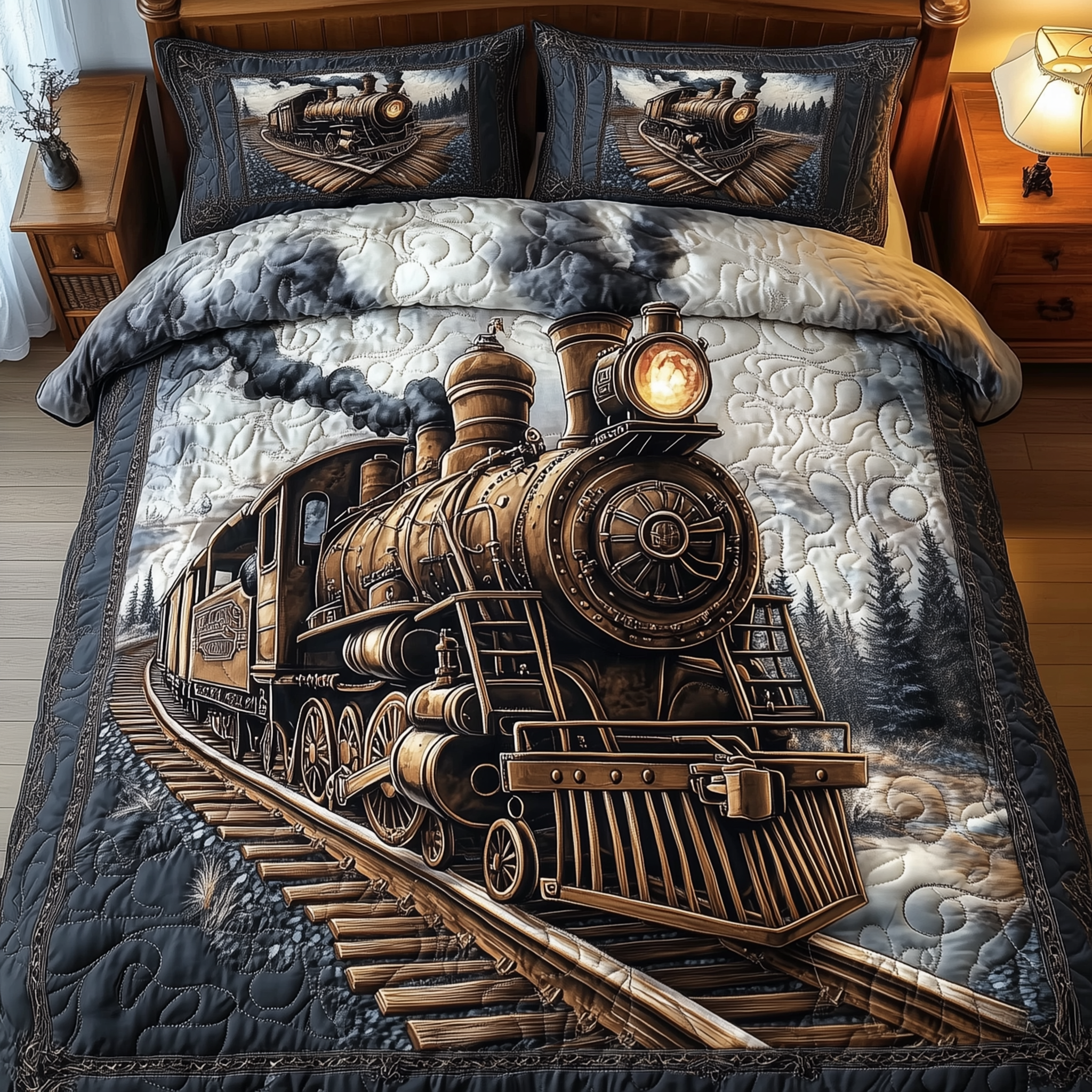 Vintage Train Quilted Bedding Set Bohemian Bedroom Furniture Presents For Train Lovers - Tradiviet