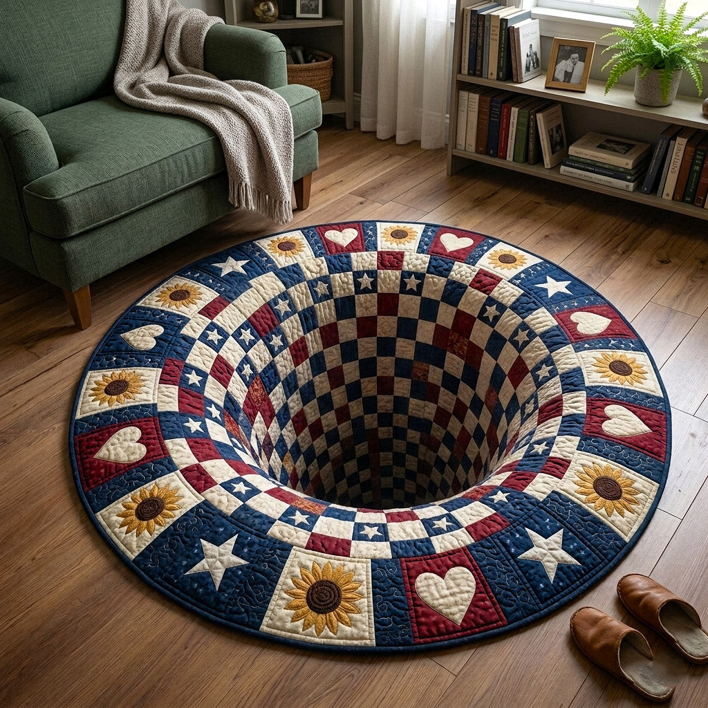 Vortex Quilted Round Mat Patriotic USA Flag Optical Illusion Carpet 250th Anniversary Decor - Tradiviet