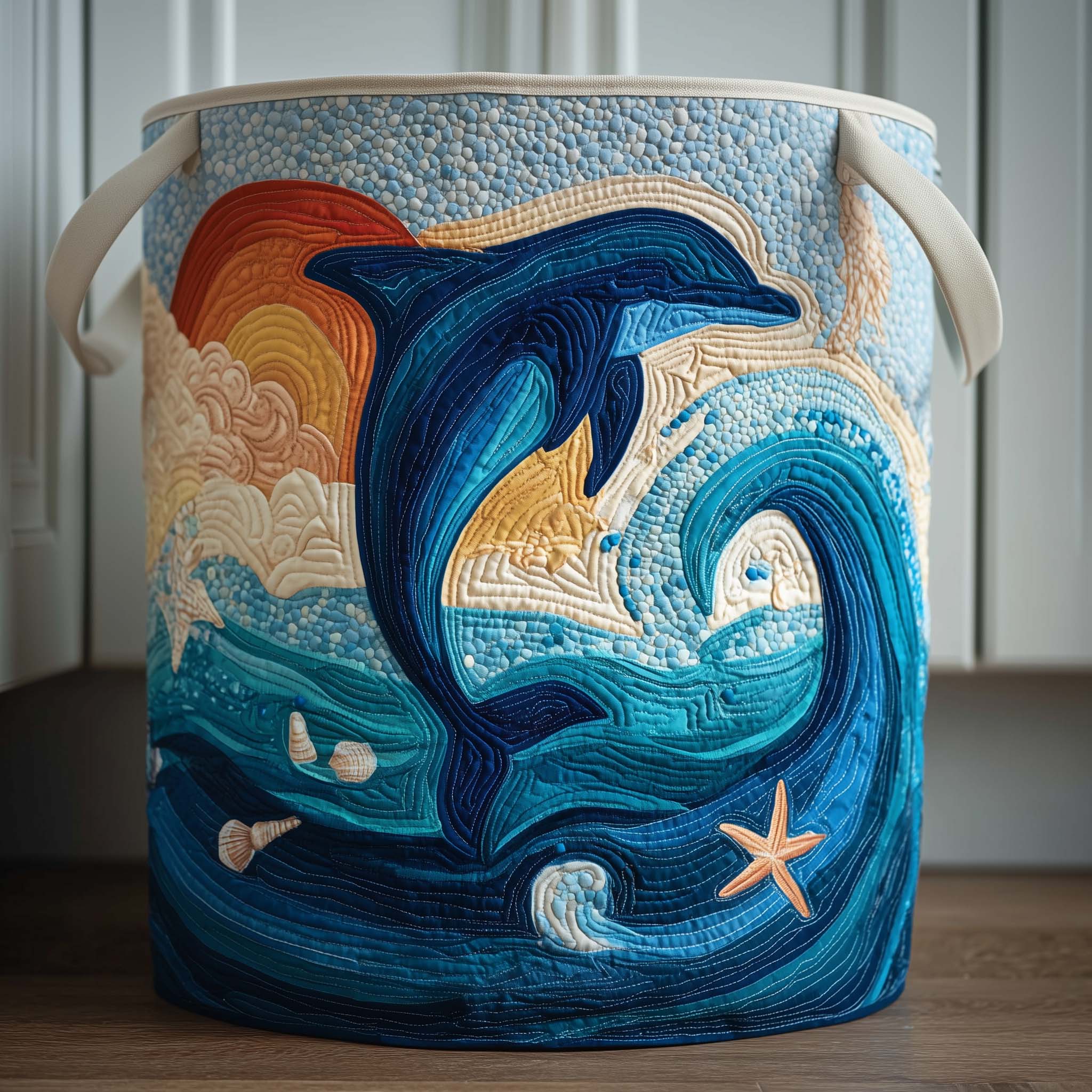 Wave Dolphin Quilted Laundry Basket Cute Laundry Hamper Good Fathers Day Gifts - Tradiviet