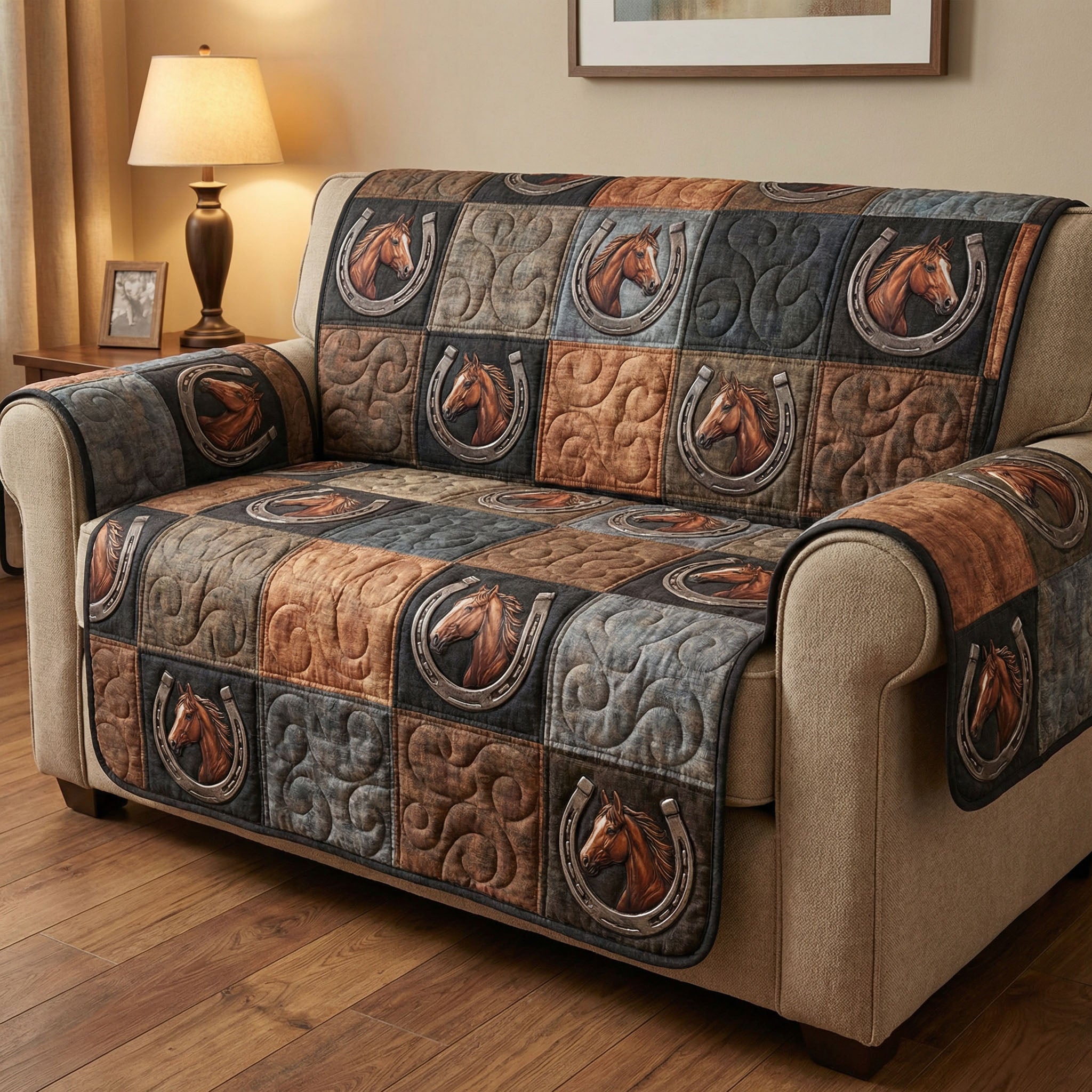 Western Spirit Quilted Sofa Cover Western Ranch Horse Pattern Home Decor
