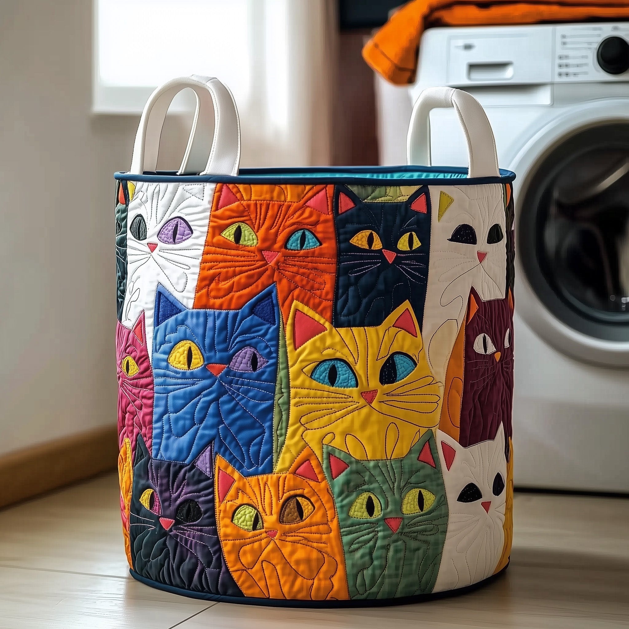 Whimsical Cat Quilted Laundry Basket Nice Storage Baskets Presents For Sister - Tradiviet
