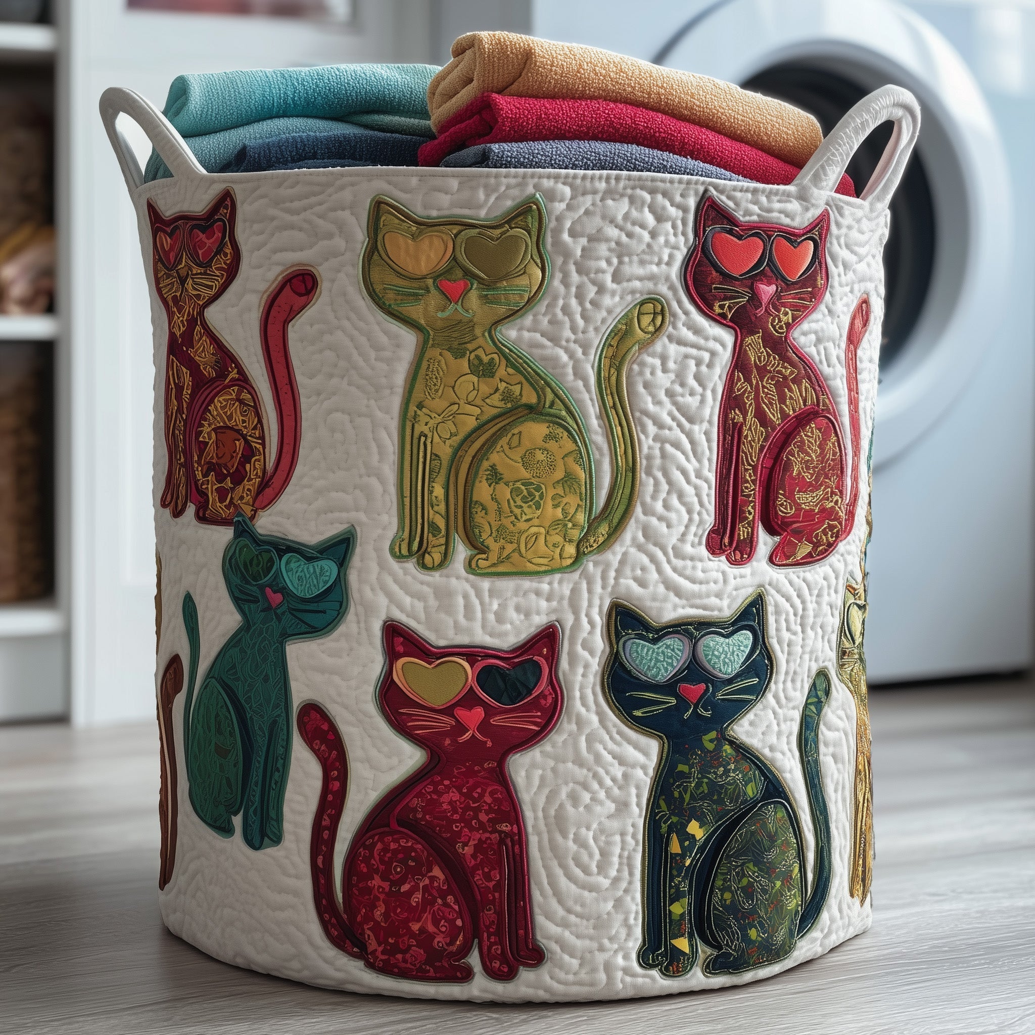 Whimsical Cats Quilted Laundry Basket Cute Room Decor Great Mother's Day Gifts - Tradiviet