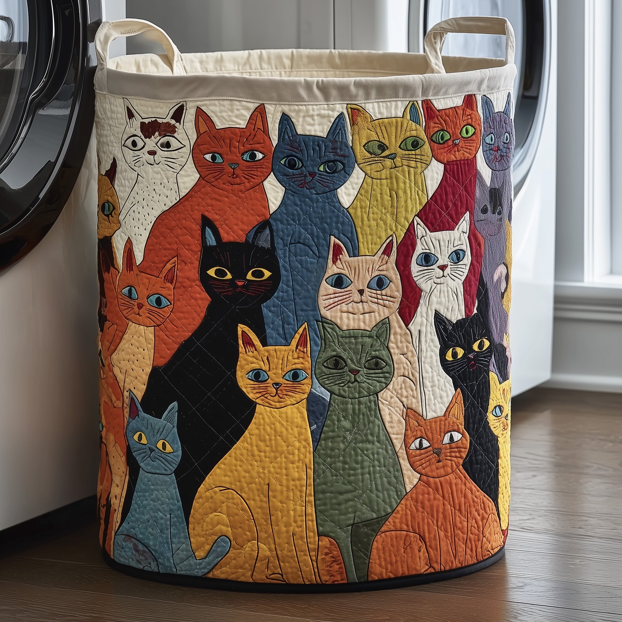 Whimsical Cats Quilted Laundry Basket Cute Storage Baskets Unique Mother's Day Gifts - Tradiviet