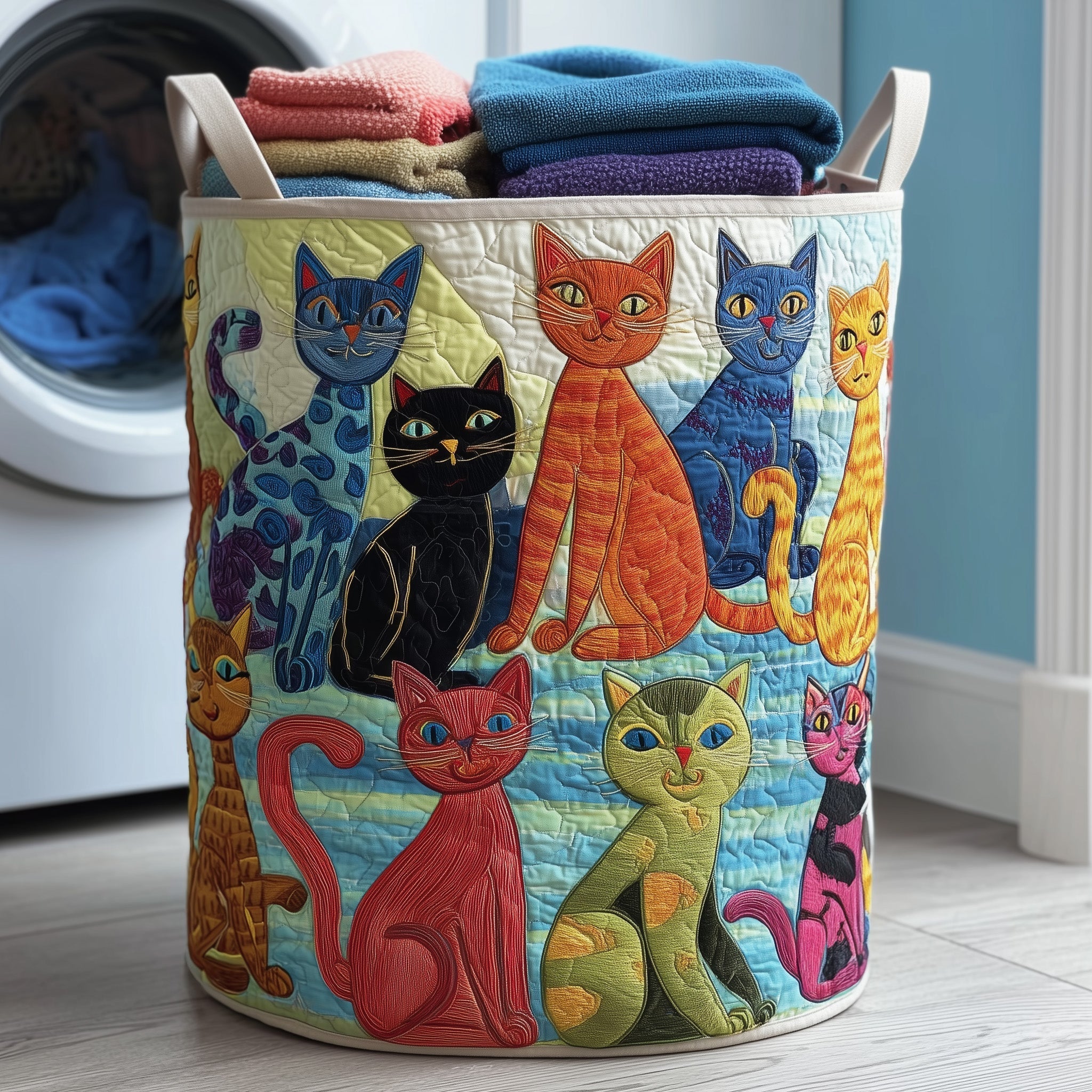 Whimsical Cats Quilted Laundry Basket Funny Baskets Gift Ideas For Mom - Tradiviet