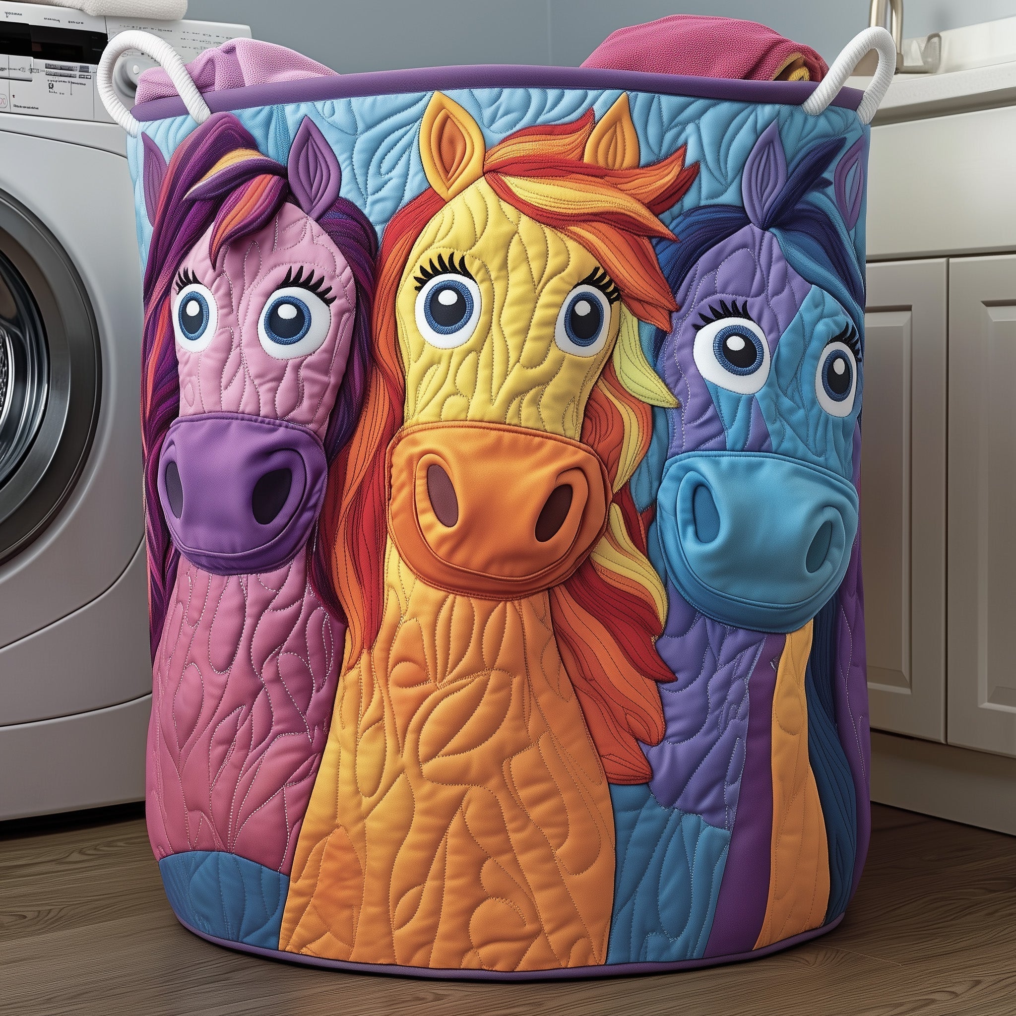 Whimsical Horse Quilted Laundry Basket Cute Baskets Father's Day Ideas - Tradiviet
