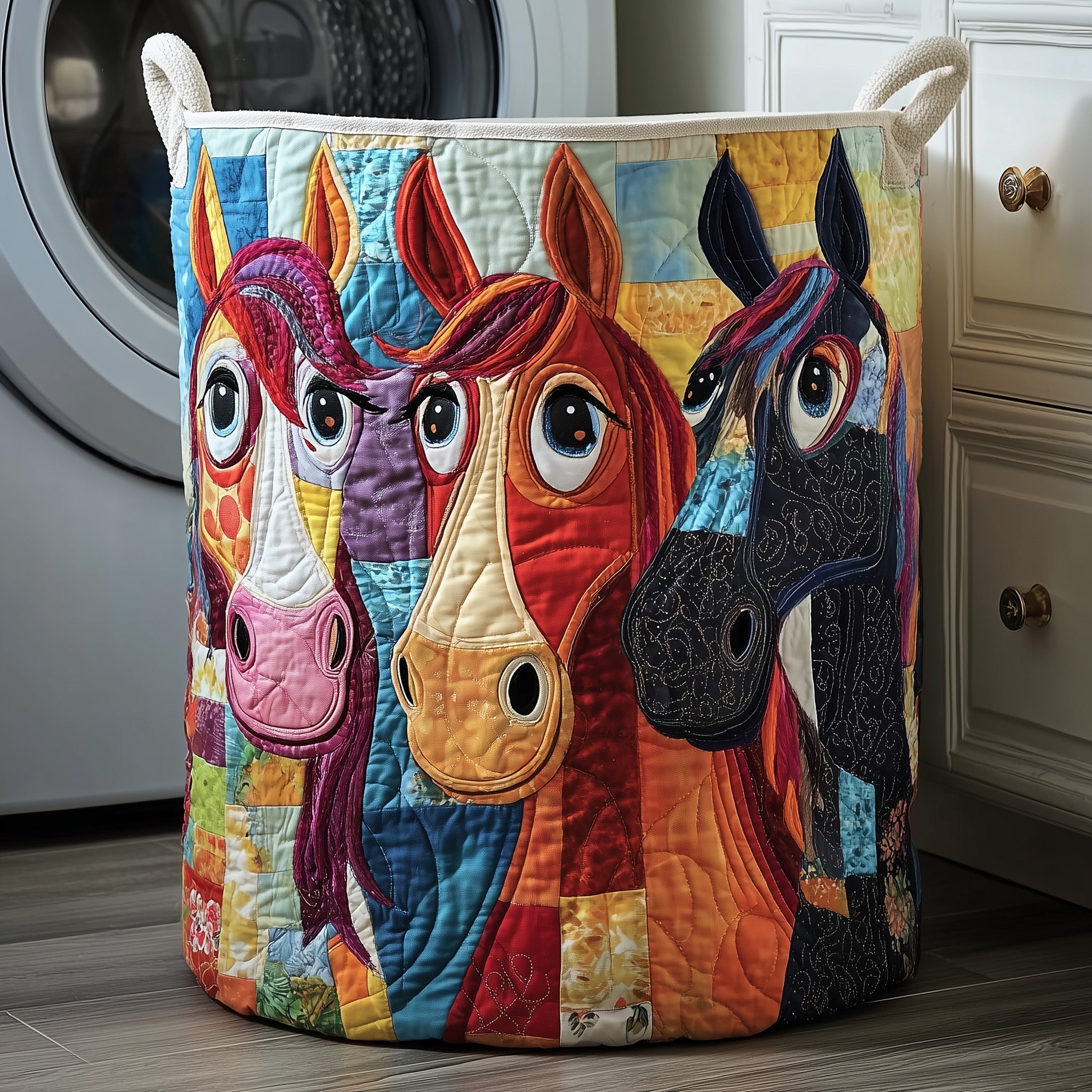 Whimsical Horse Quilted Laundry Basket Holiday Room Decor Great Father's Day Gifts - Tradiviet