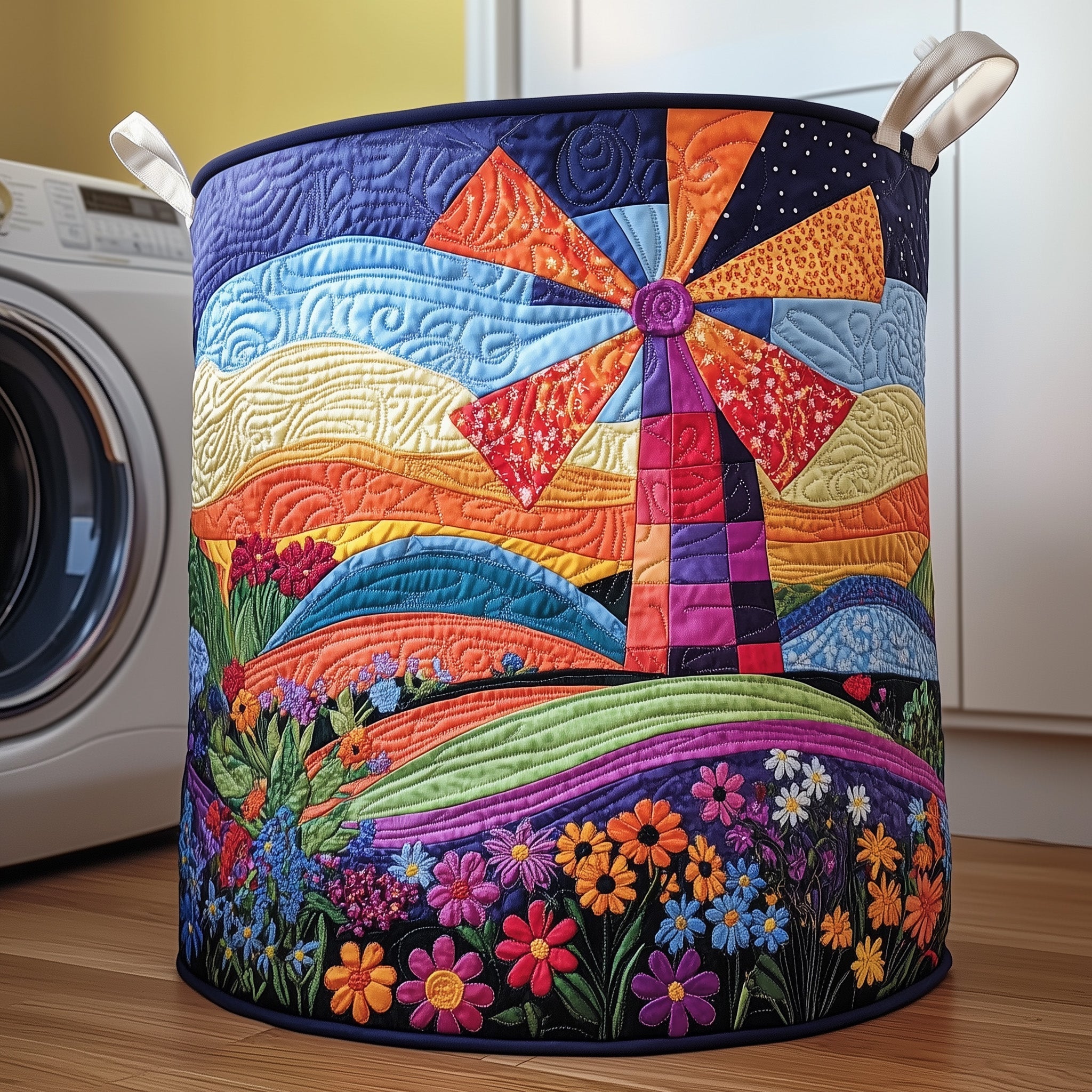 Whimsical Windmill Quilted Laundry Basket Funny Baskets Mother's Day Gift Ideas - Tradiviet