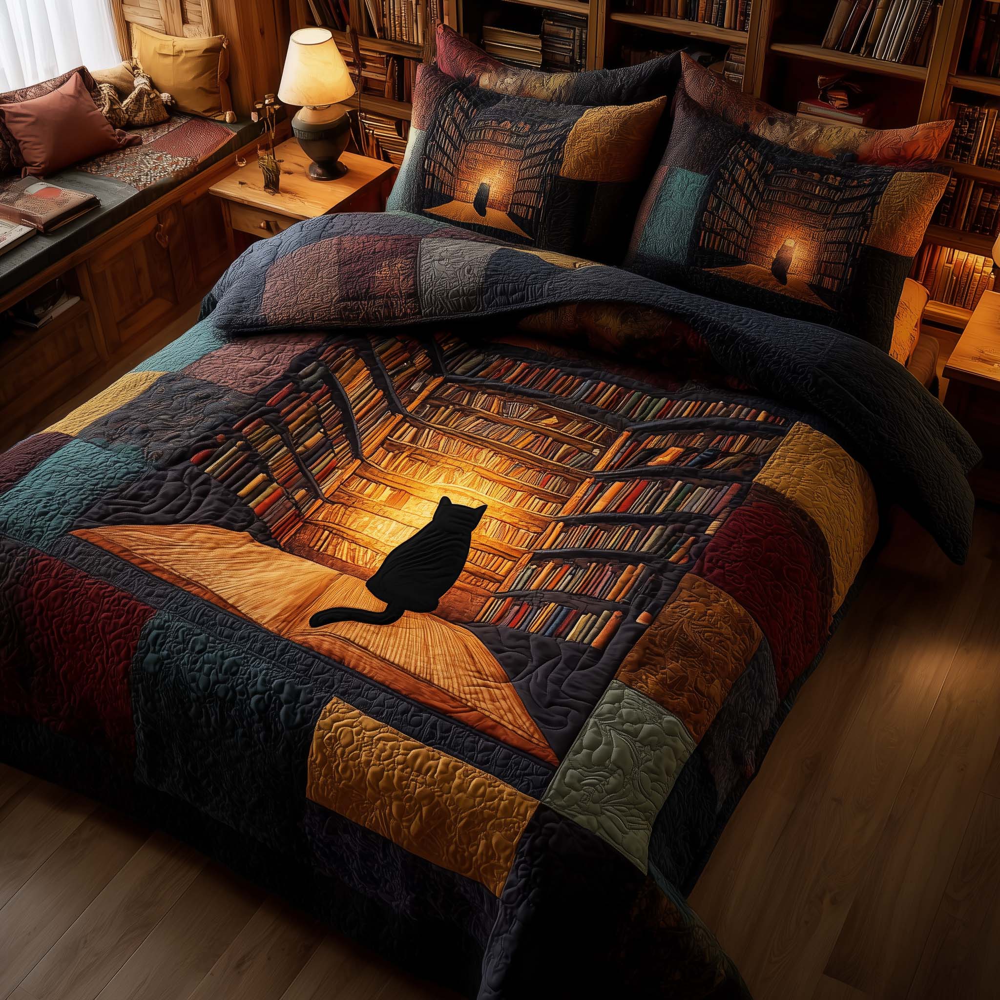 Whiskered Library Quilted Bedding Set Holiday Bed Room Decor Gift For Bibliophiles - Tradiviet
