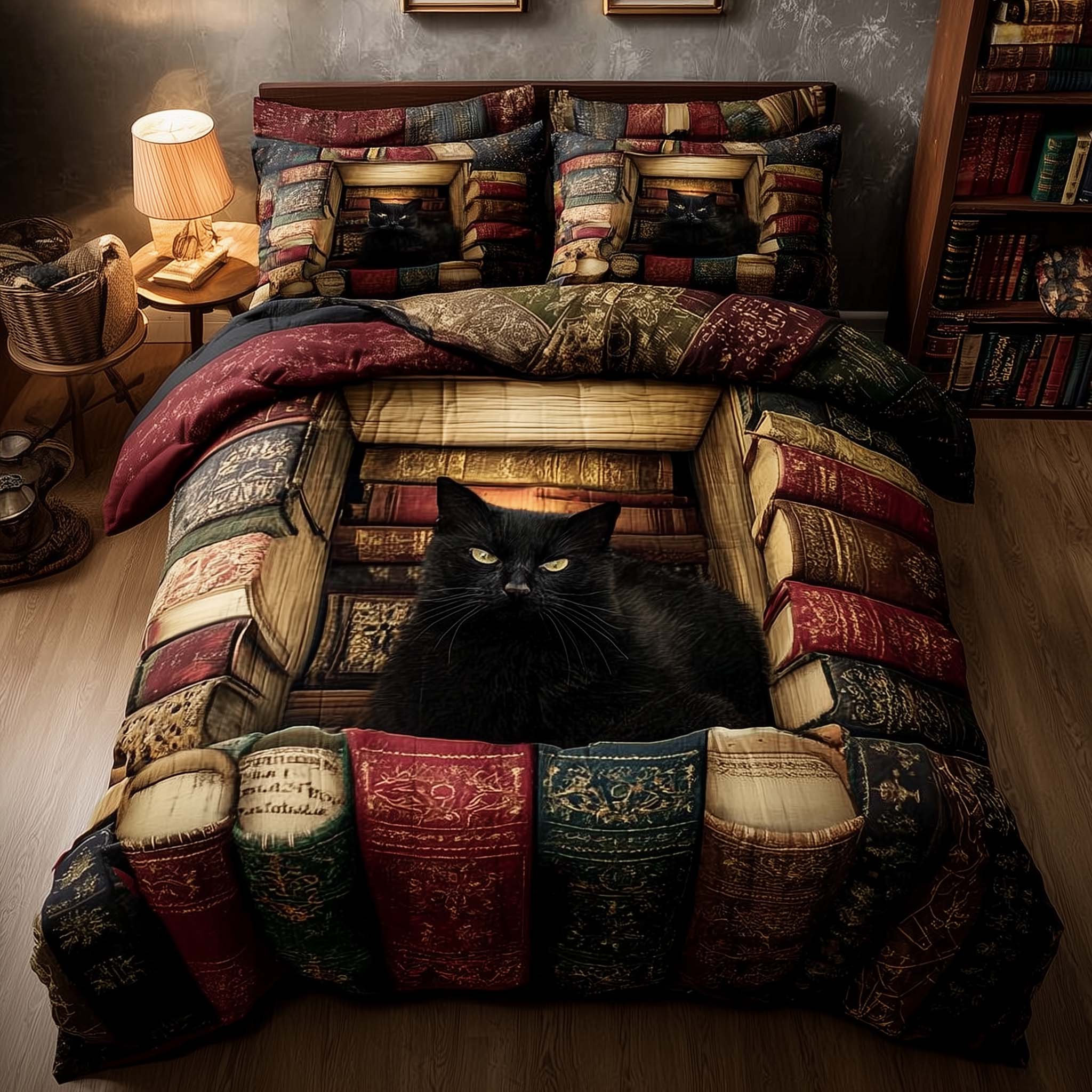 Whiskered Library Quilted Bedding Set Holiday Bedroom Decor Gift For Cat Enthusiasts - Tradiviet