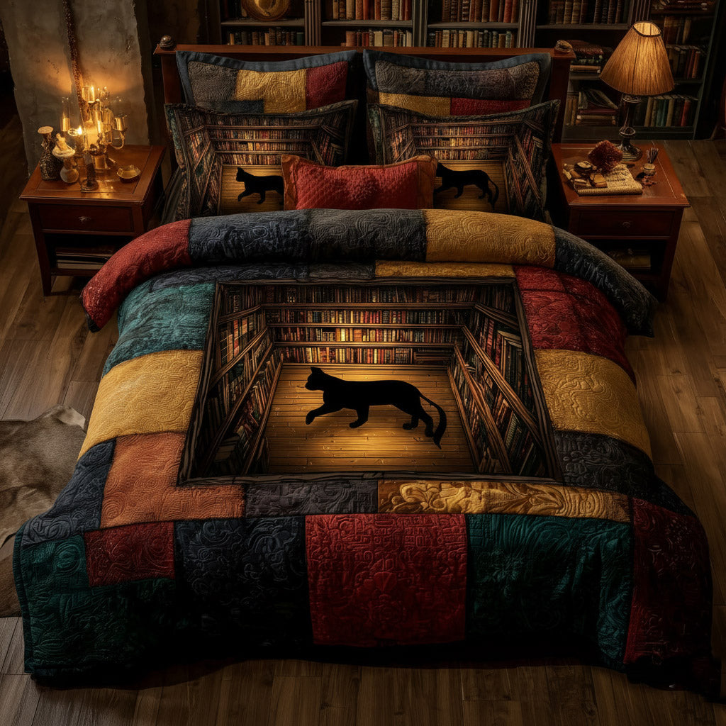 Whiskered Library Quilted Bedding Set Holiday Decorations Gift For Literary Souls - Tradiviet