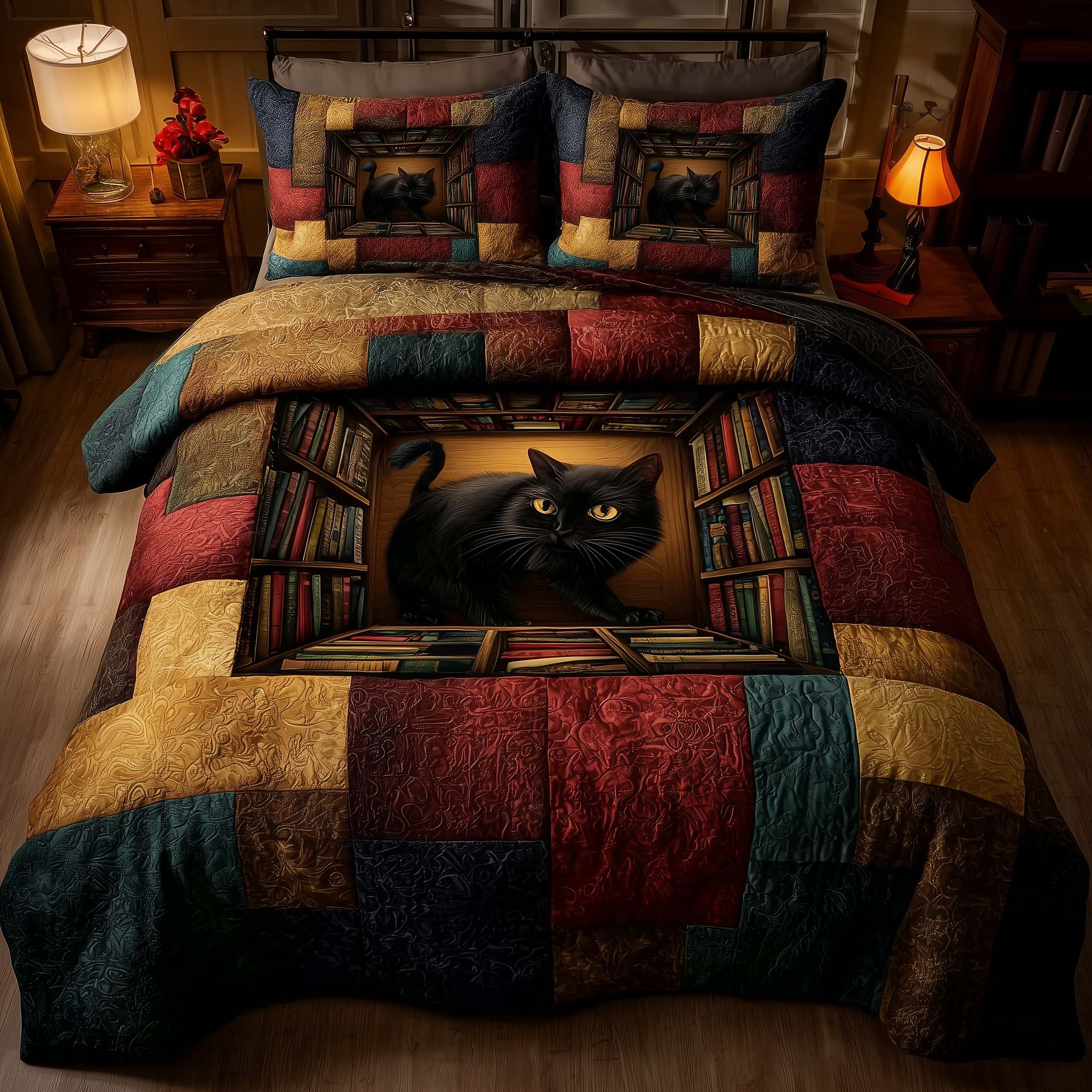 Whiskered Library Quilted Bedding Set Holiday Home Decor Gift For Cat Lovers - Tradiviet