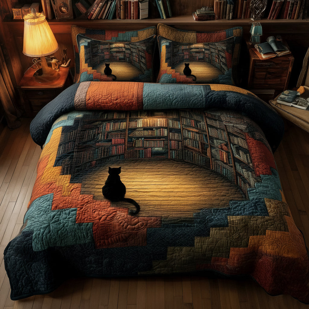 Whiskered Library Quilted Bedding Set Holiday Home Decor Ideas Gift For Pet and Book Lovers - Tradiviet