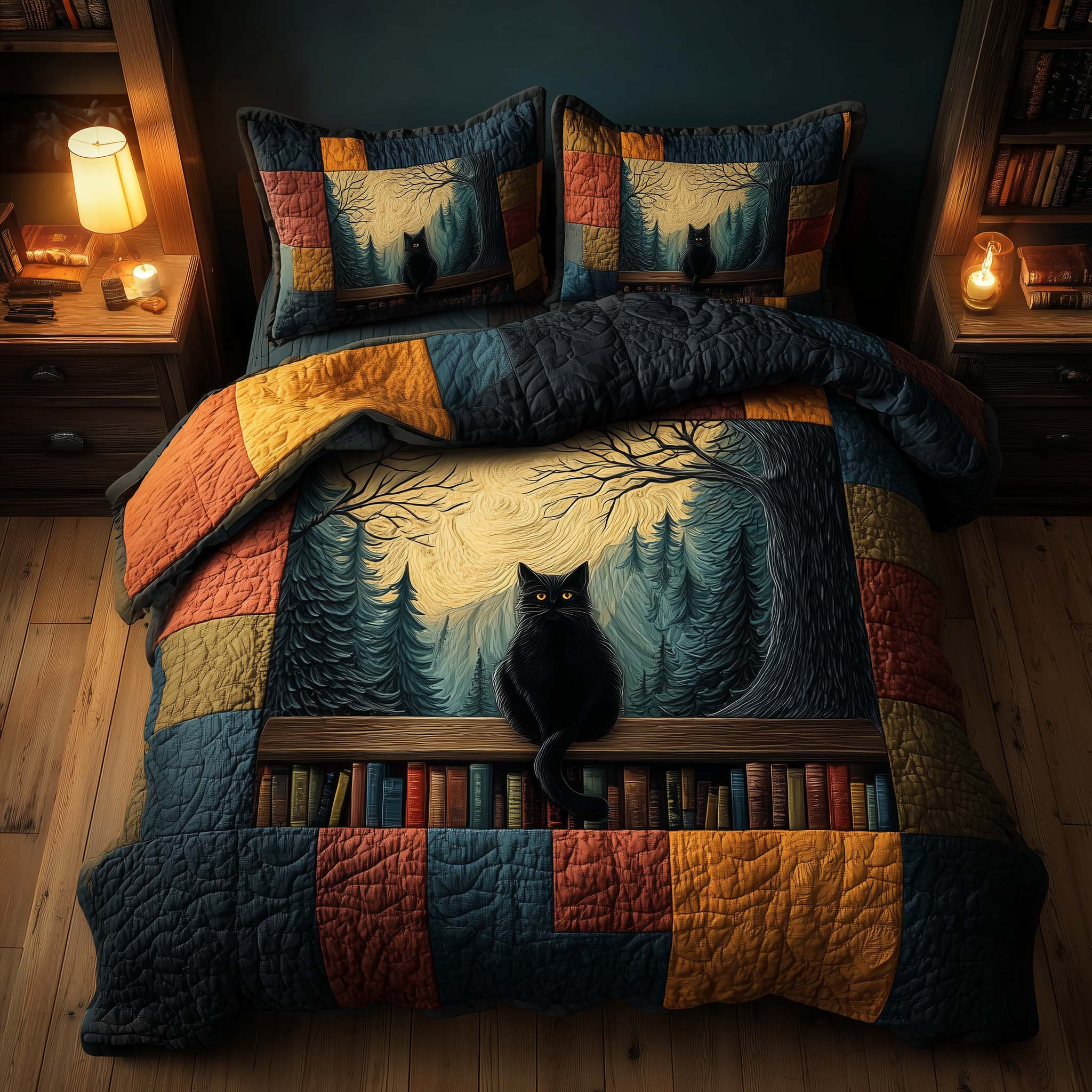 Whiskered Library Quilted Bedding Set Holiday House Decorations Gift For Cozy Readers - Tradiviet