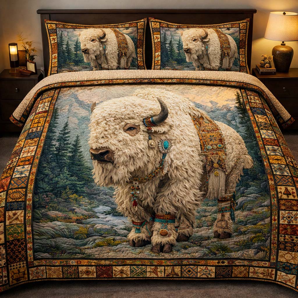 White Bison Legend Quilted Bedding Set Autumn Inspired Bedroom Father's Day Gift Ideas - Tradiviet