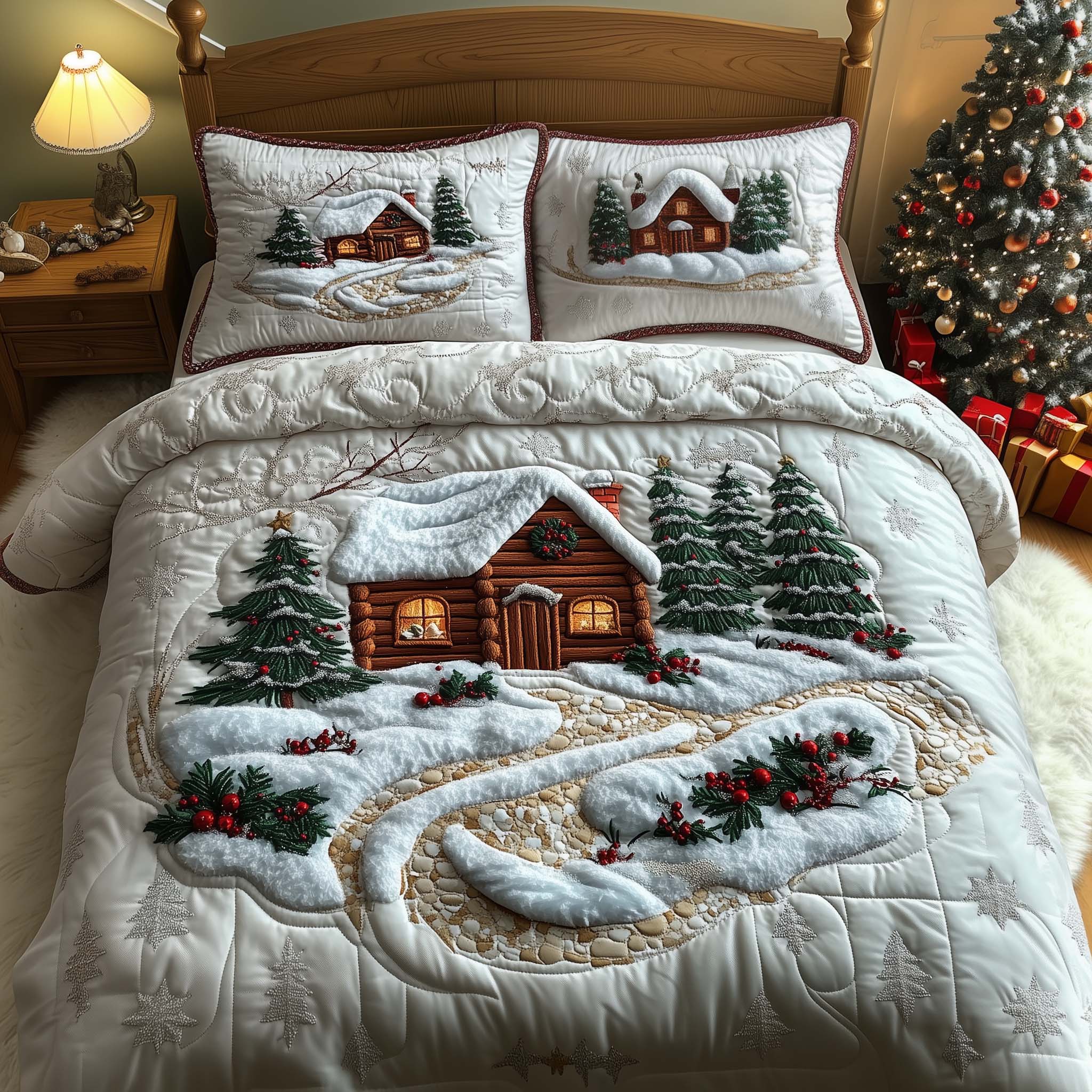 White Cabin Quilted Bedding Set Holiday House Decorations White Cabin Gift For Him - Tradiviet