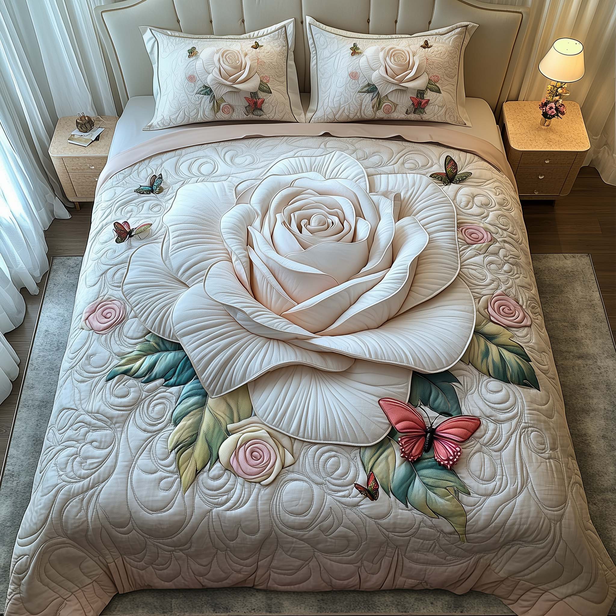 White Rose Quilted Bedding Set Holiday House Decorations Gift For Flower Enthusiasts - Tradiviet