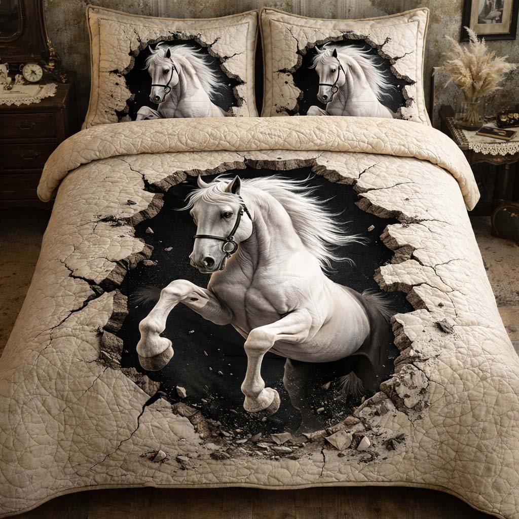 White Stallion Quilted Bedding Set Autumn Inspired Bedroom Birthday Gift For Mom - Tradiviet