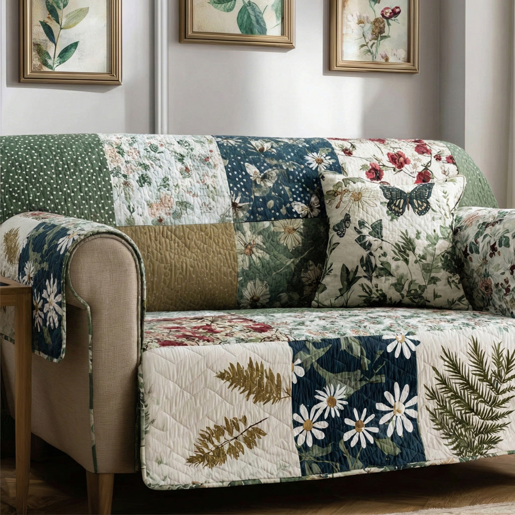 Wild Botanica Quilted Sofa Cover Botanical Wildflower Pattern Gift For Garden Lovers