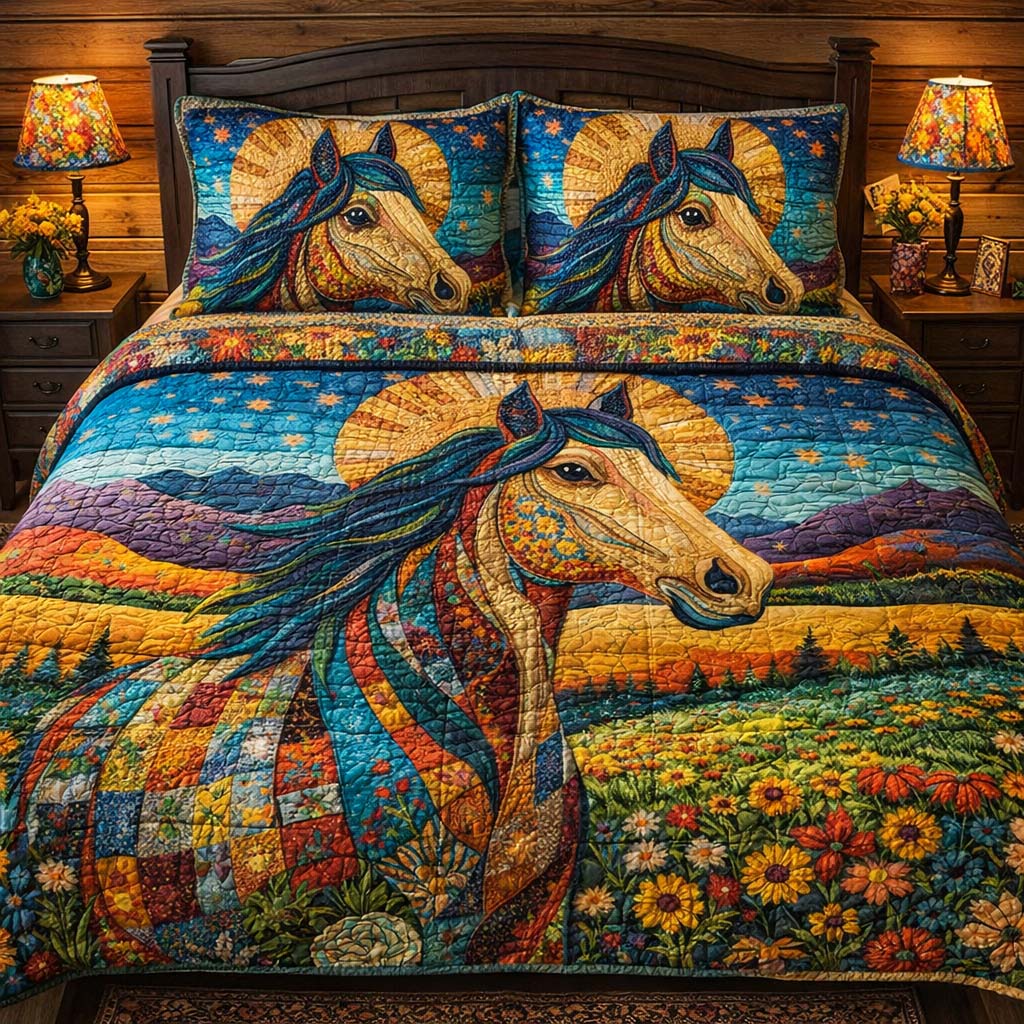 Wild Horse Meadow Quilted Bedding Set Bohemian Bedroom Furniture Gifts For A Horse Person - Tradiviet