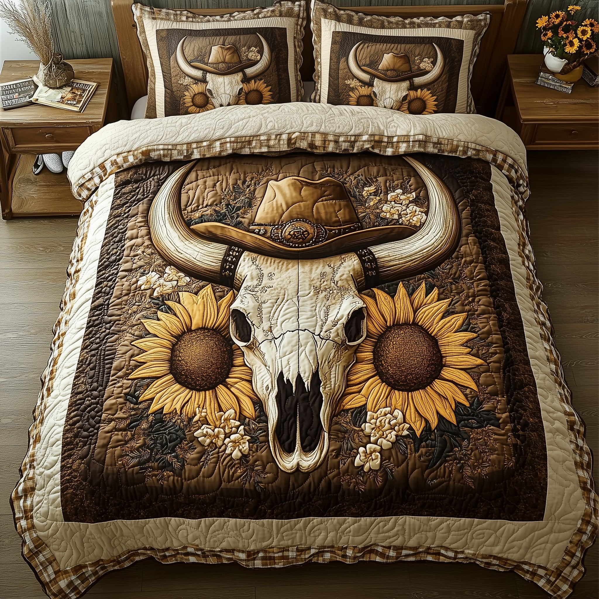 Wild West Bull Skull Quilted Bedding Set Autumn Inspired Bedroom Skull Inspired Gifts - Tradiviet