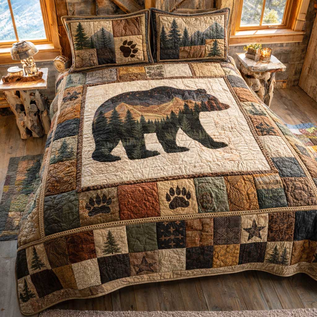 Wilderness Bear Quilted Bedding Set Bohemian Bedroom Furniture Bear Gifts For Her - Tradiviet