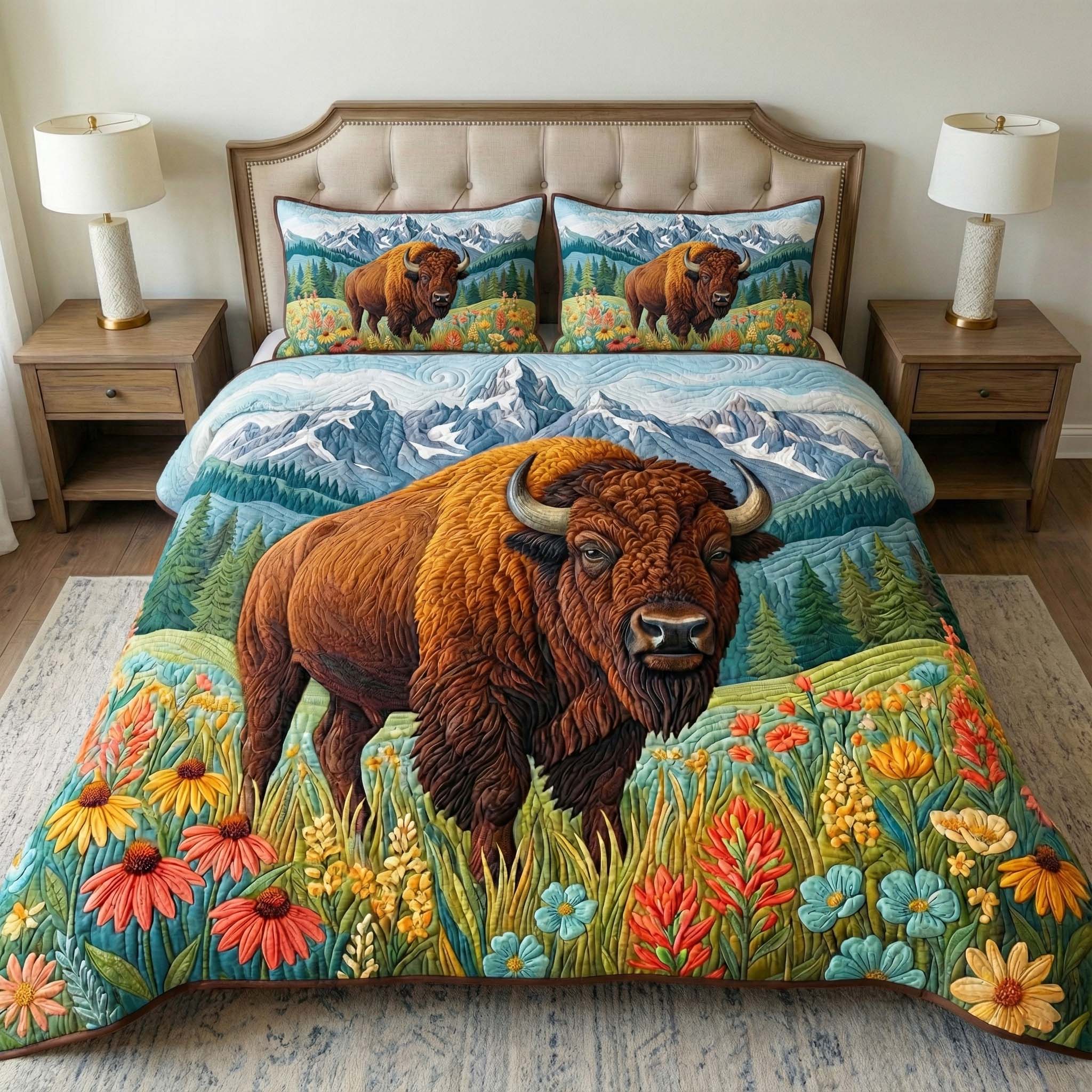 Wildflower Bison Quilted Bedding Set Bed Room Decoration Gift For Nature Enthusiasts - Tradiviet