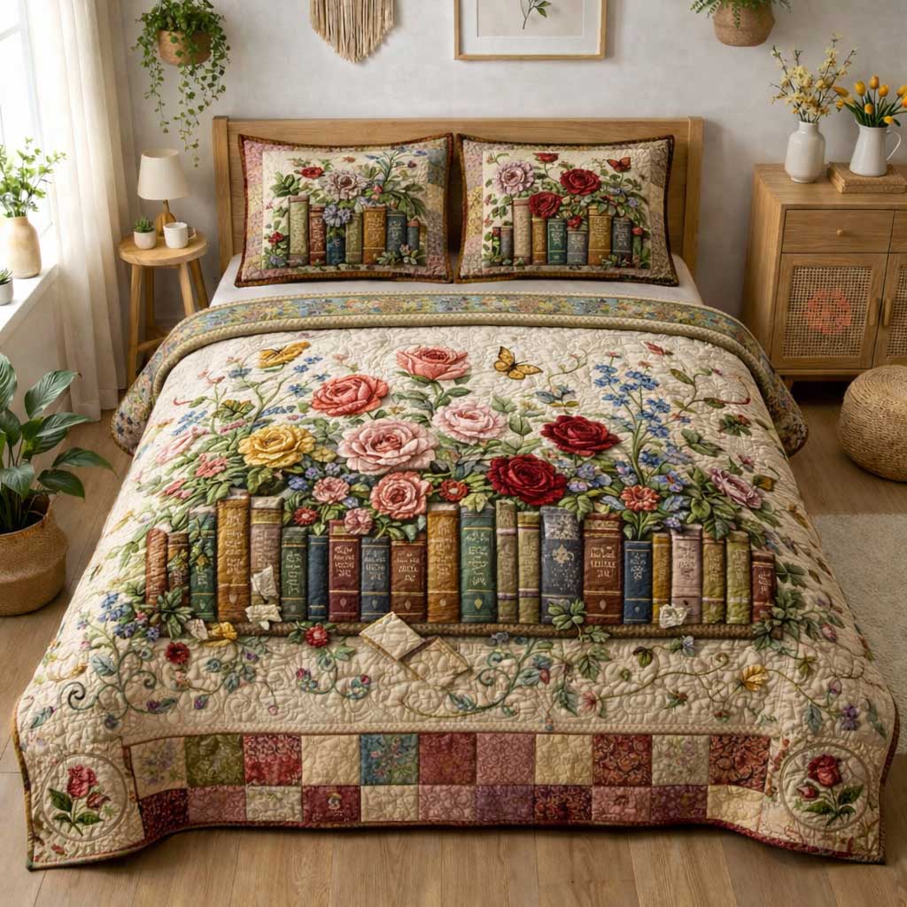 Wildflower Books Quilted Bedding Set Bedroom Decorations Gifts For Book Lovers Friends - Tradiviet