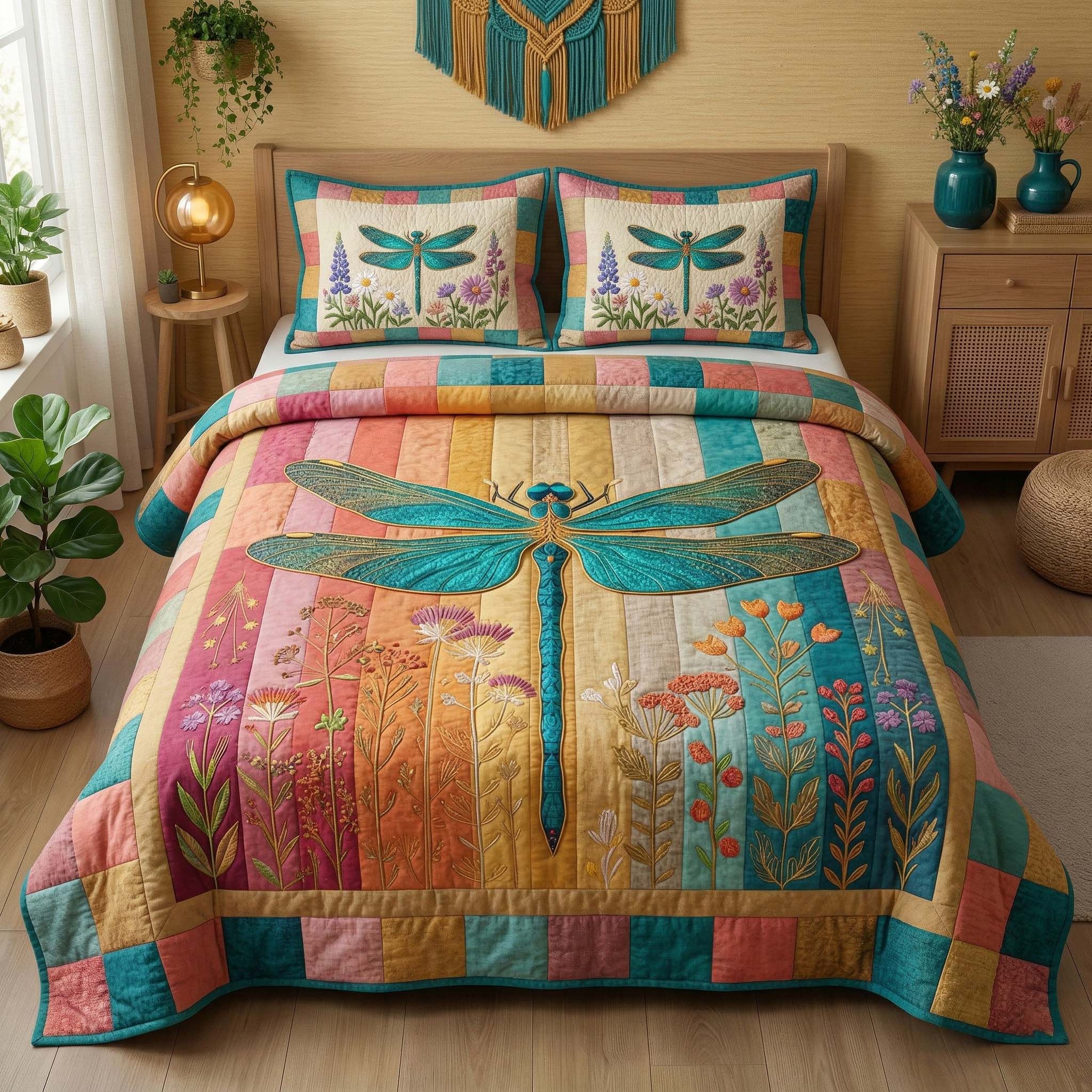 Wildflower Dragonfly Quilted Bedding Set Holiday Bedroom Decor Dragon Gifts For 10 Year Olds - Tradiviet
