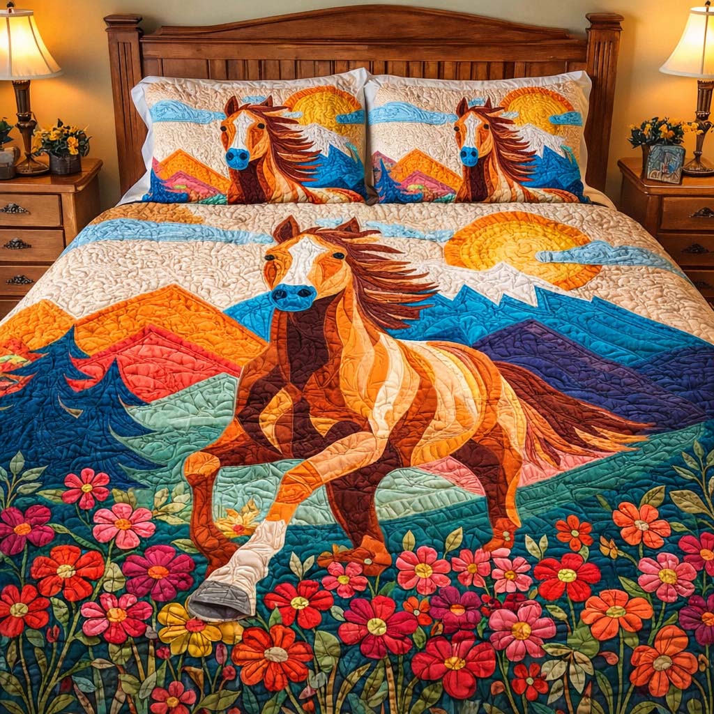 Wildflower Valley Horse Quilted Bedding Set Holiday Decorations Valentines Gifts For Horse Lovers - Tradiviet