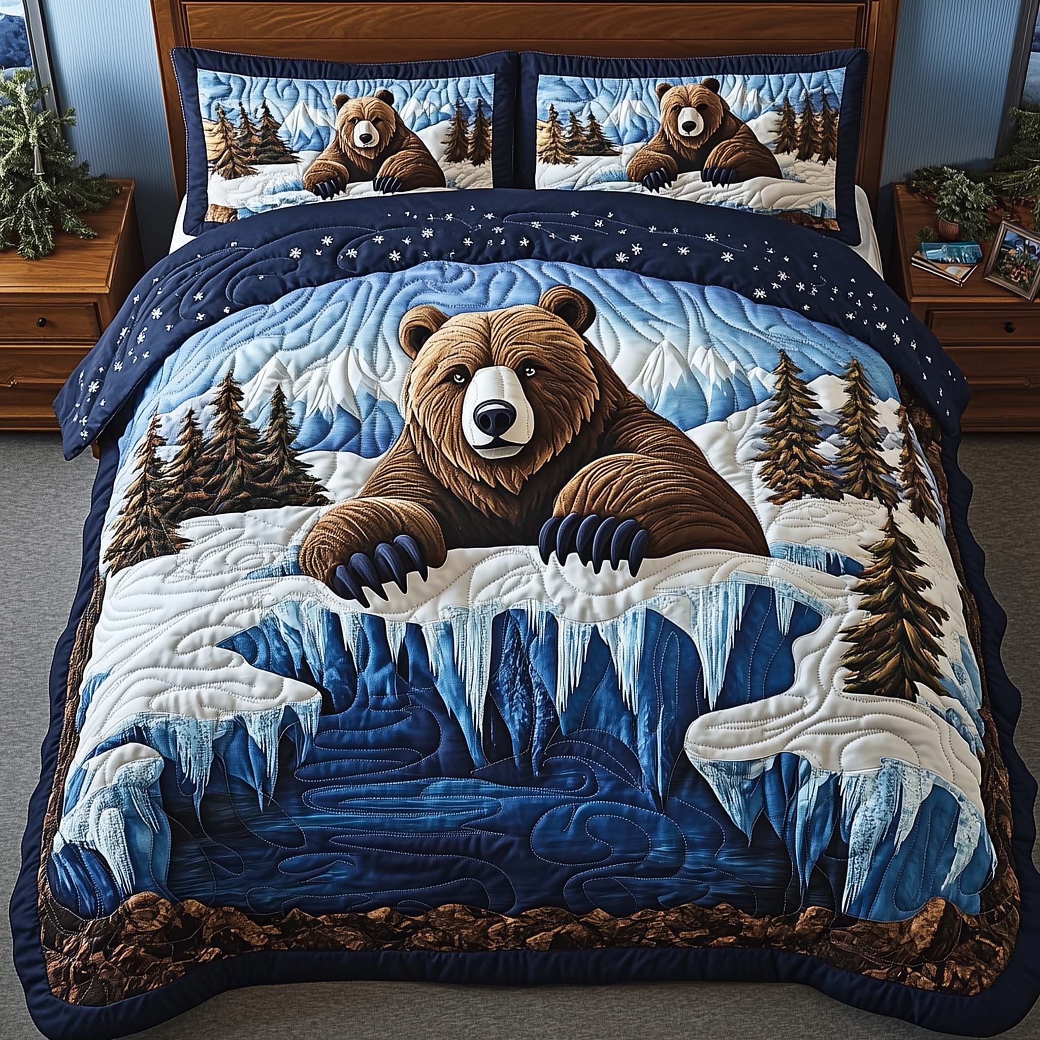 Winter Bear Quilted Bedding Set Bedroom Decorations Best Unique Gifts For Bear Lovers - Tradiviet