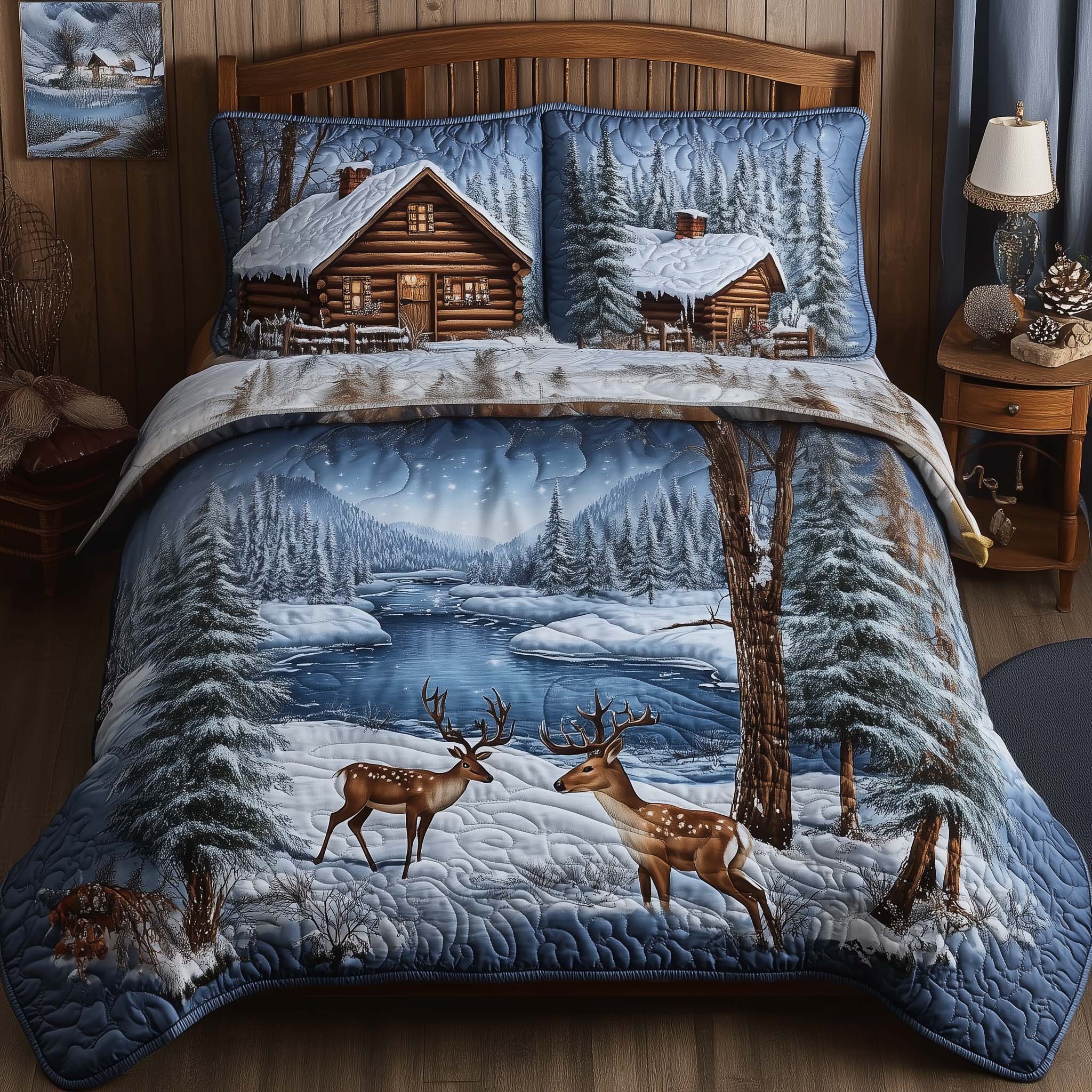 Winter Cabin Quilted Bedding Set Bed Room Decoration White Cabin Gift For Christmas - Tradiviet