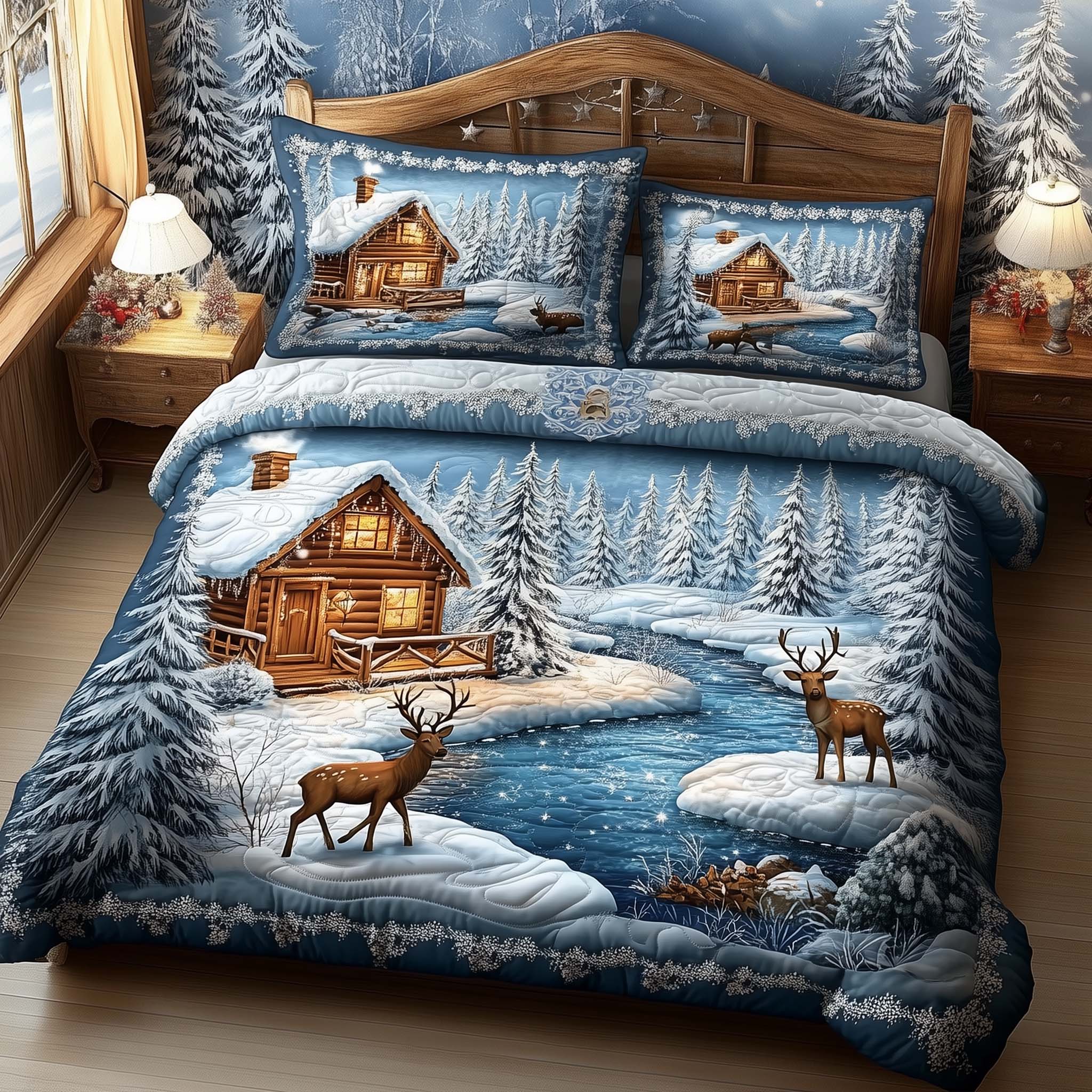 Winter Cabin Quilted Bedding Set Bedroom Decorations White Cabin Gift For Friends - Tradiviet