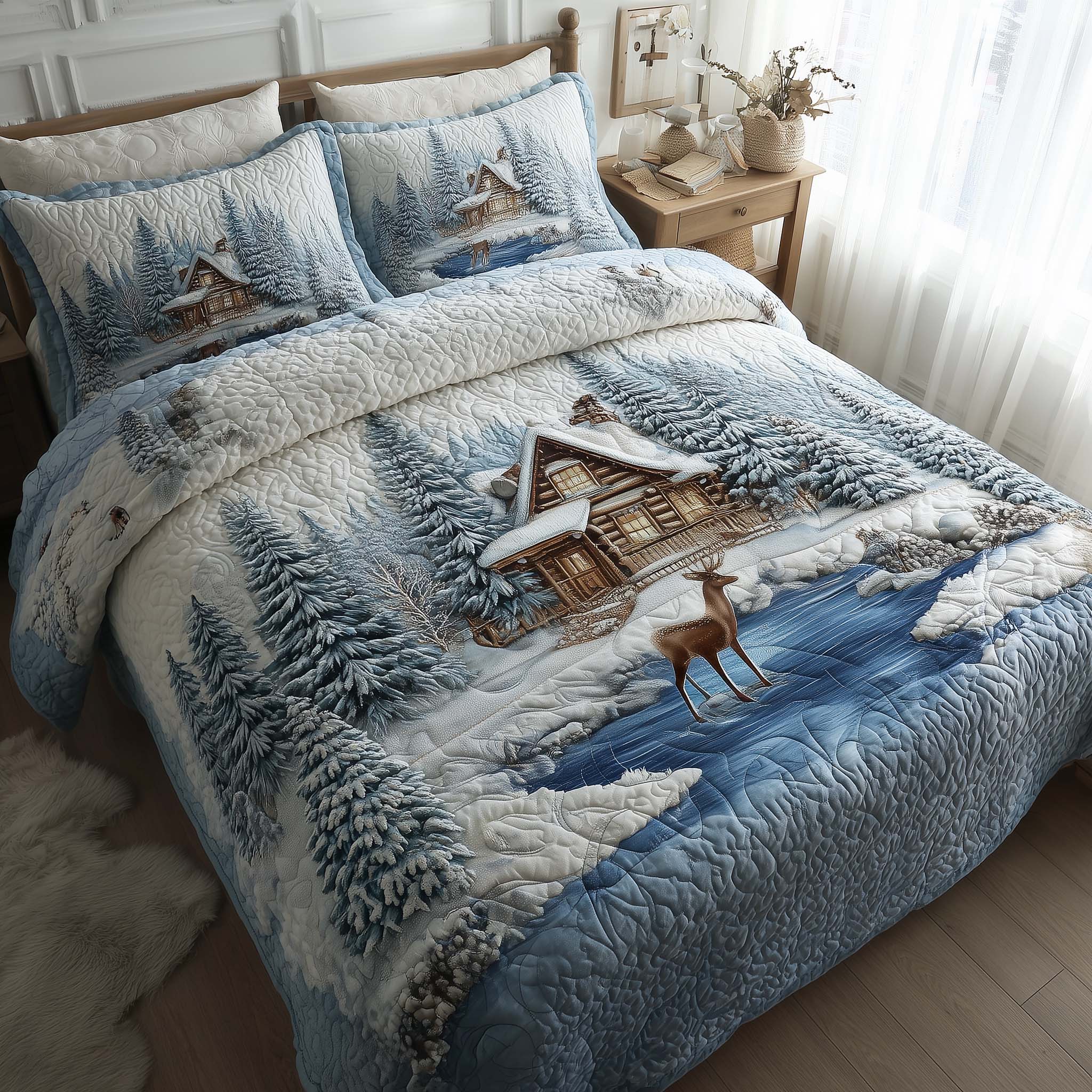 Winter Cabin Quilted Bedding Set Holiday Home Decor White Cabin Home Decor Gift - Tradiviet