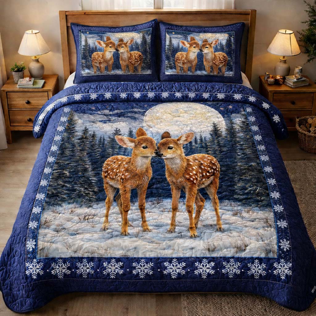 Winter Fawn Pair Quilted Bedding Set Room Decoration Items Gift For Animal Lovers - Tradiviet
