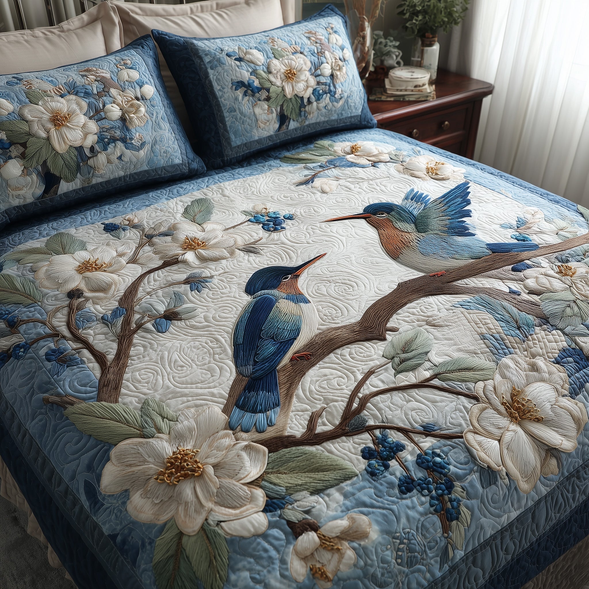 Winter Hummingbird Love Quilted Bedding Set Bohemian Bedroom Furniture Hummingbird Themed Gifts - Tradiviet