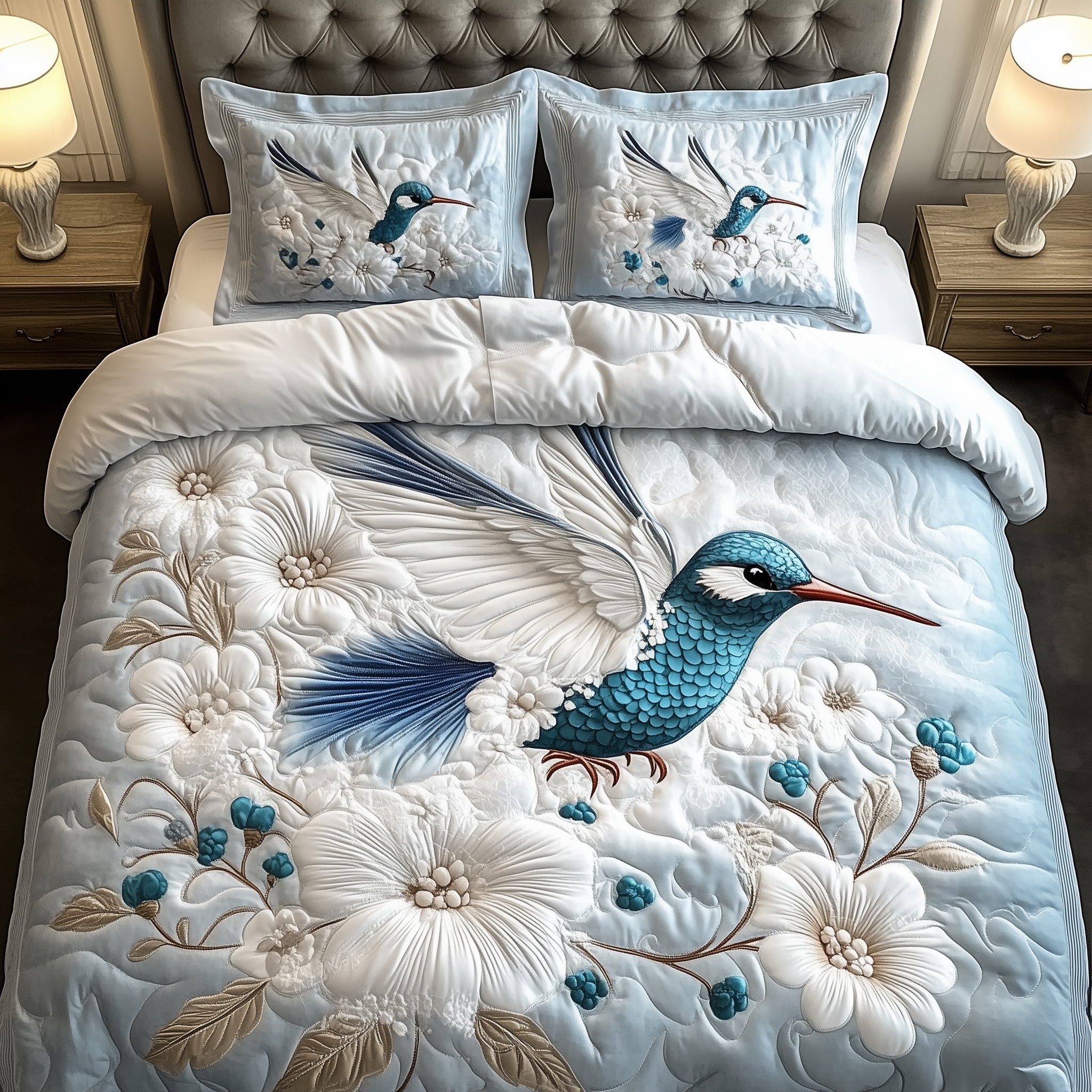 Winter Hummingbird Quilted Bedding Set Holiday Home Decor Hummingbird Mother'S Day Gifts - Tradiviet
