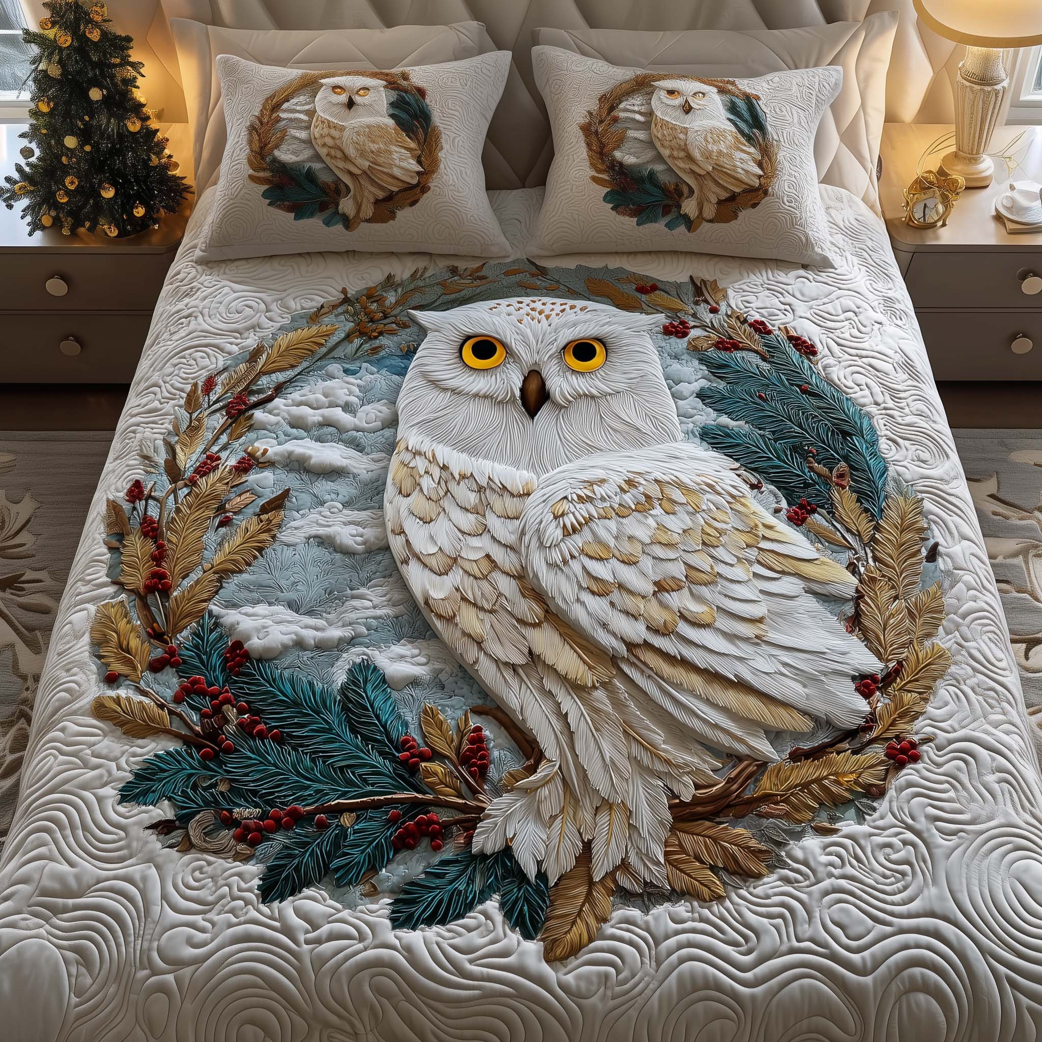 Winter Owl Quilted Bedding Set Bed Room Decoration Best Unique Gifts For Owl Lovers - Tradiviet