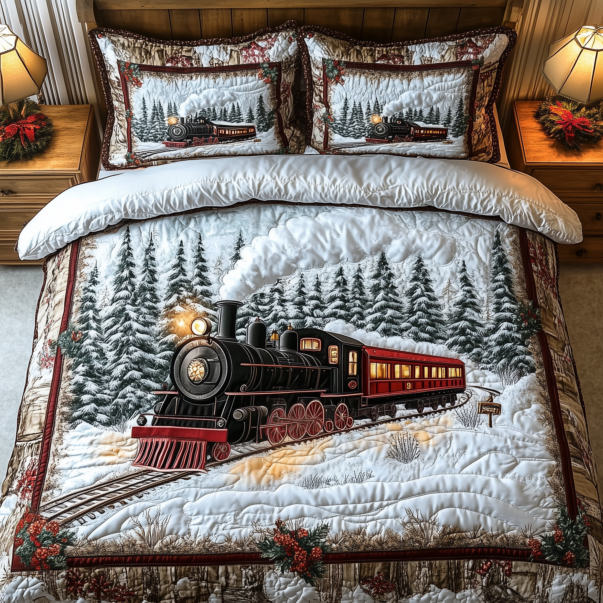 Winter Train Quilted Bedding Set Bedroom Decorations Gift Ideas For Train Lovers - Tradiviet