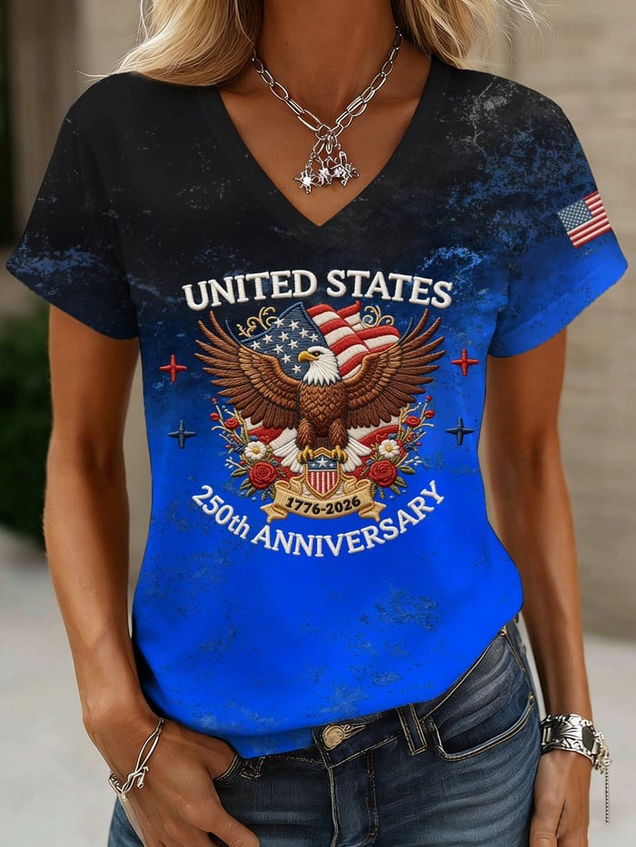 Women's American 250th Anniversary Shirt V-Neck Bald Eagle Print Independence Day Gift - Tradiviet - Image 2